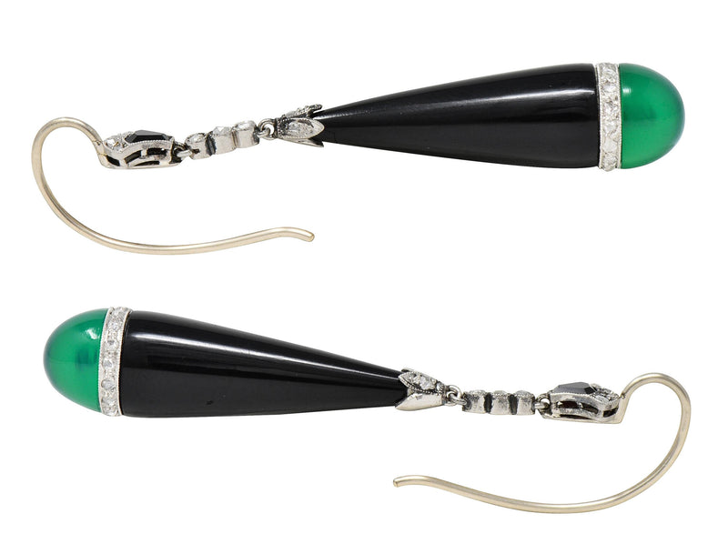Art Deco Diamond Chrysoprase Onyx Platinum Lotus Antique Drop Earrings