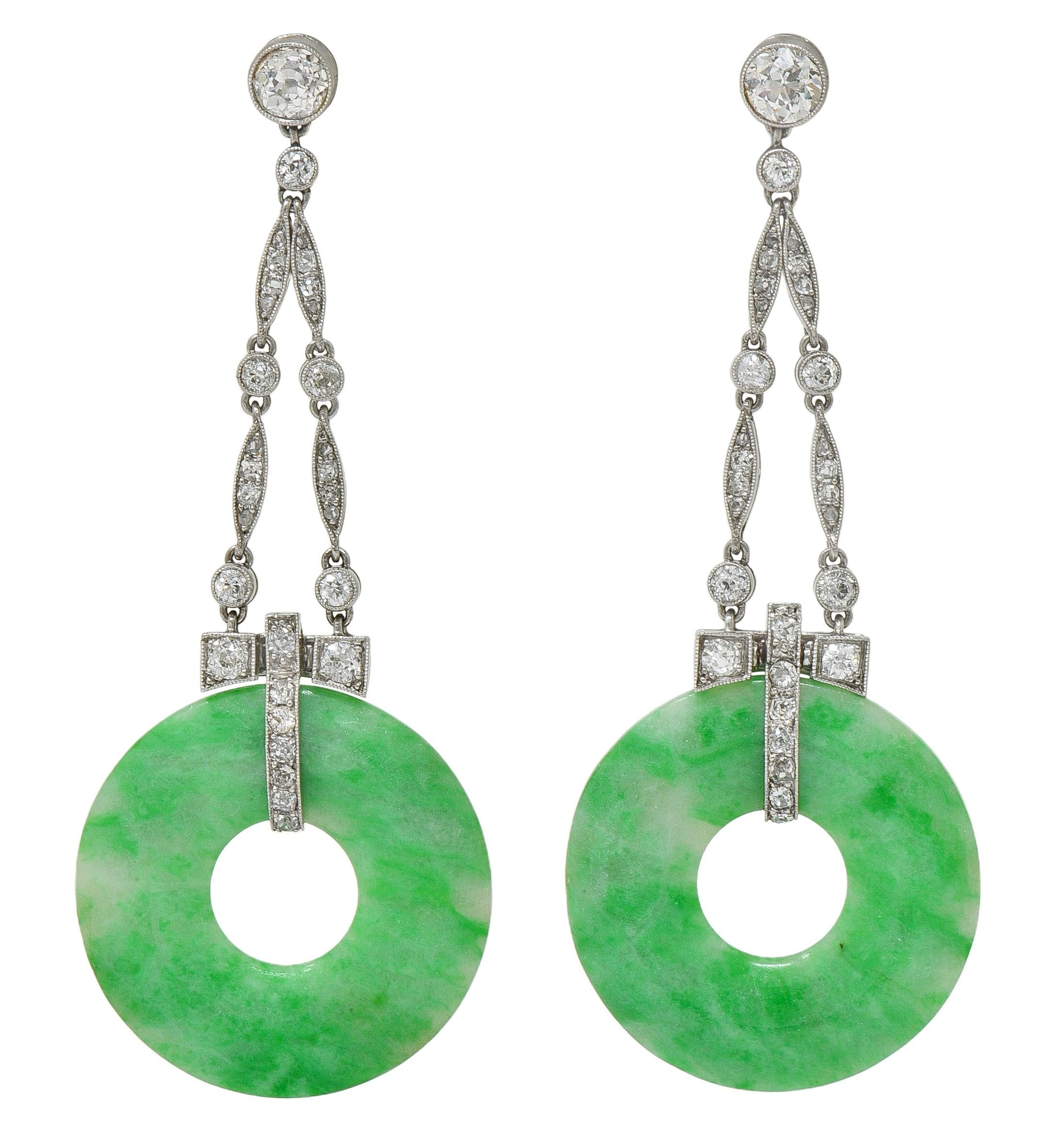 Art Deco 1.88 CTW Diamond Carved Jade Platinum Vintage Drop Earrings