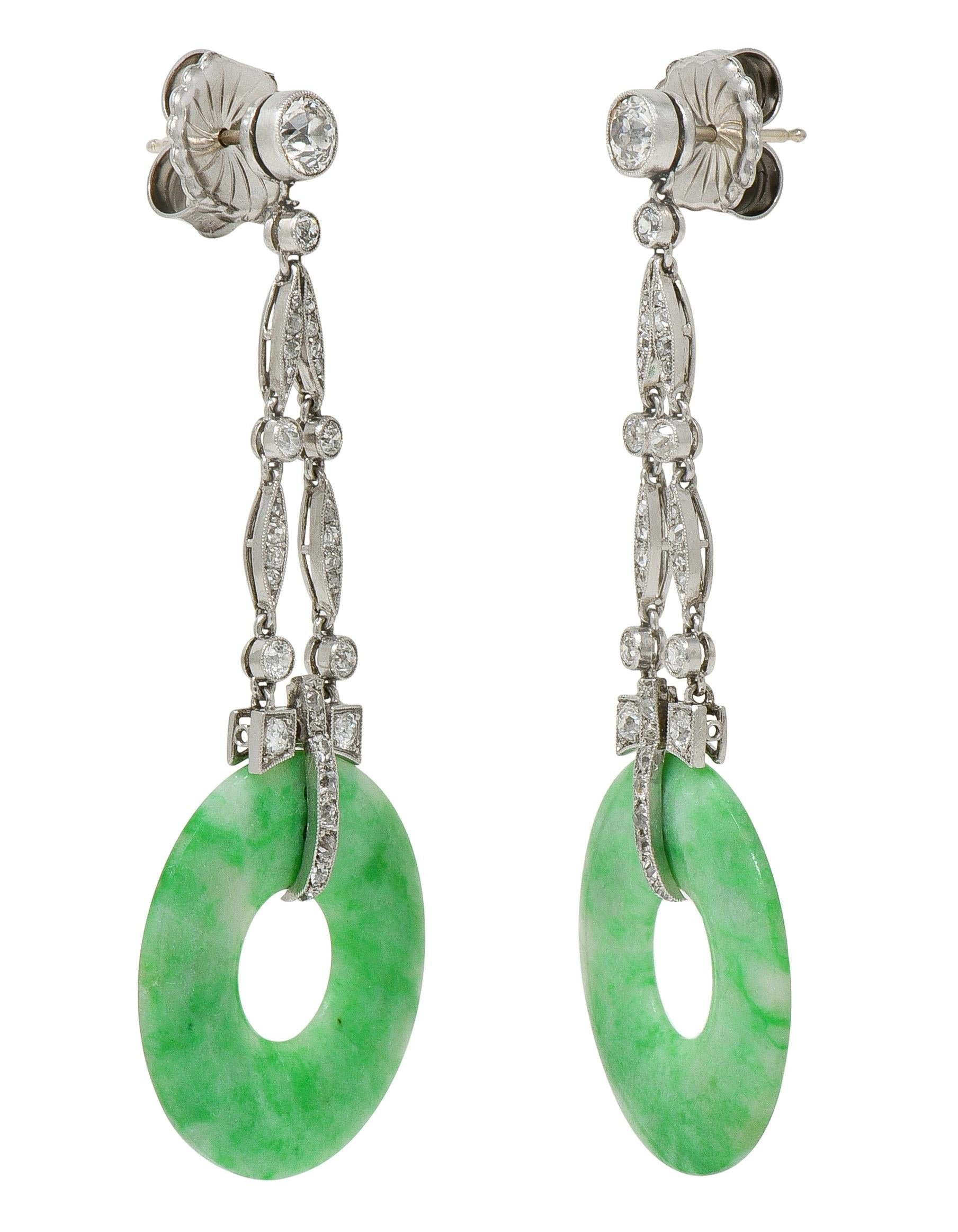 Art Deco 1.88 CTW Diamond Carved Jade Platinum Vintage Drop Earrings
