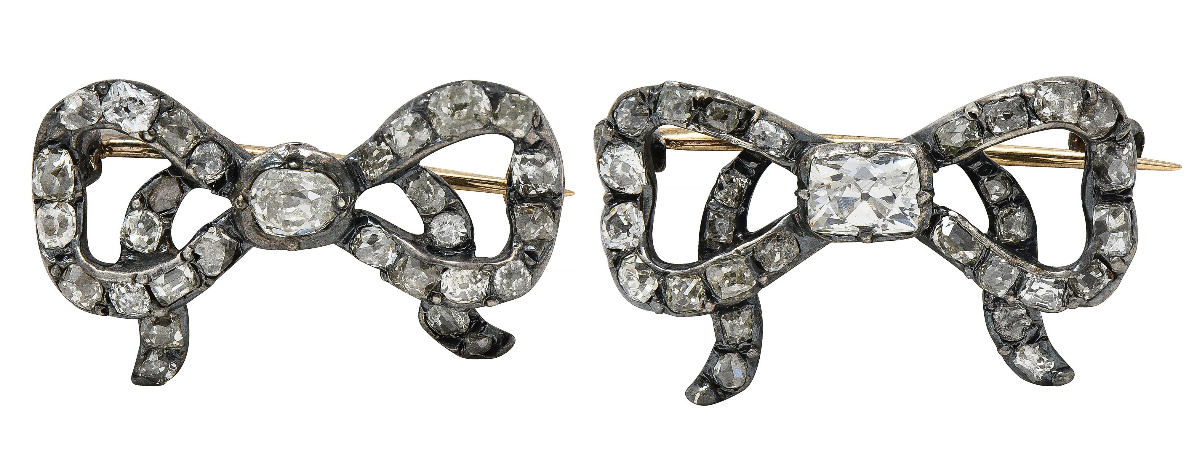 Georgian 2.56 CTW Diamond Sterling Silver 10K Gold Antique Bow Brooch Set