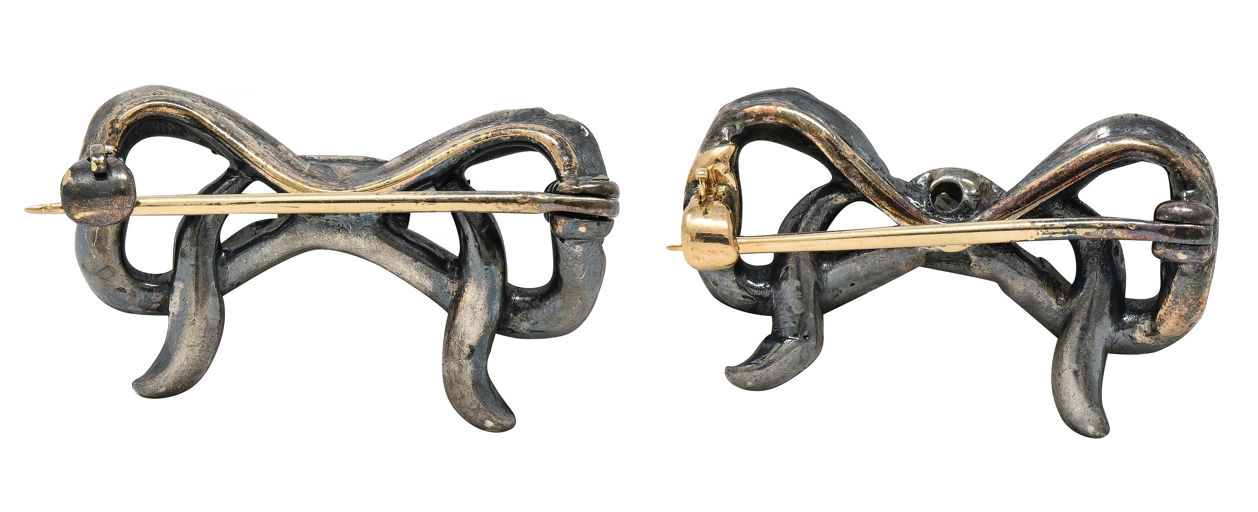 Georgian 2.56 CTW Diamond Sterling Silver 10K Gold Antique Bow Brooch Set