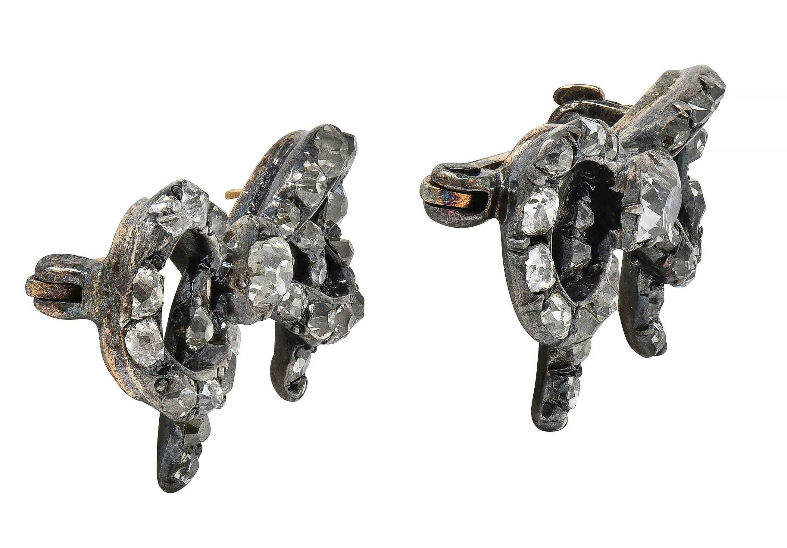 Georgian 2.56 CTW Diamond Sterling Silver 10K Gold Antique Bow Brooch Set