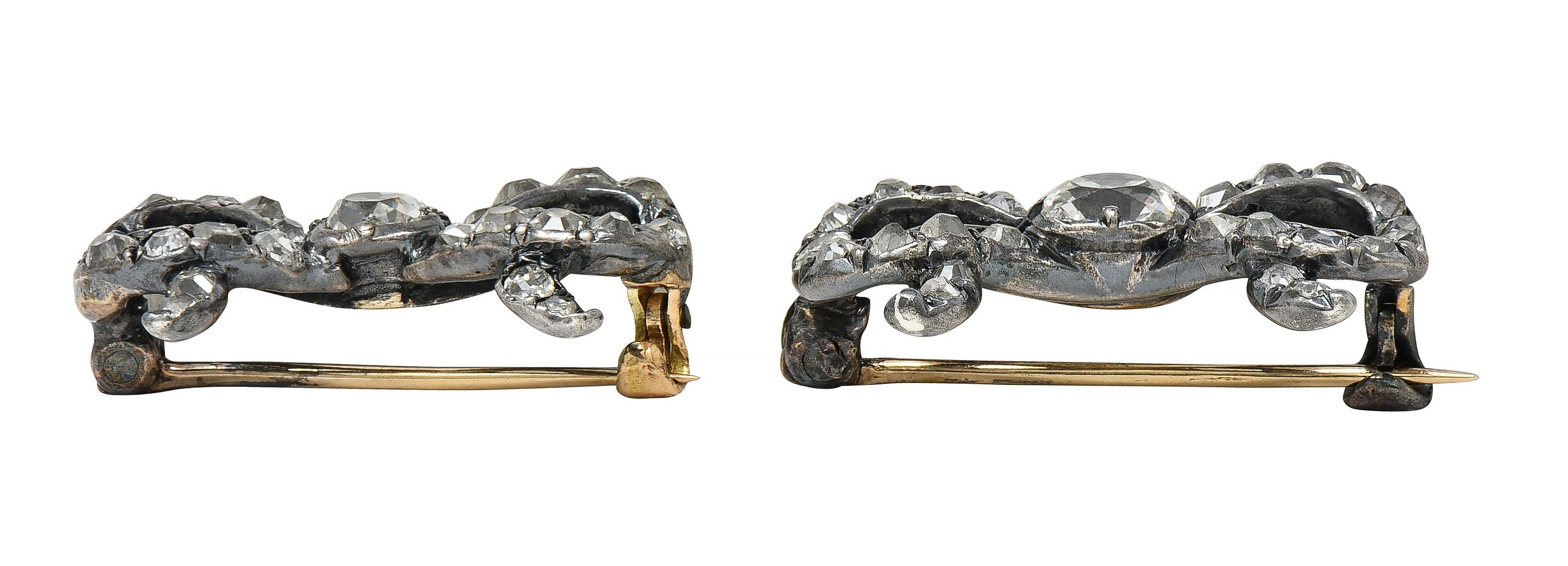 Georgian 2.56 CTW Diamond Sterling Silver 10K Gold Antique Bow Brooch Set