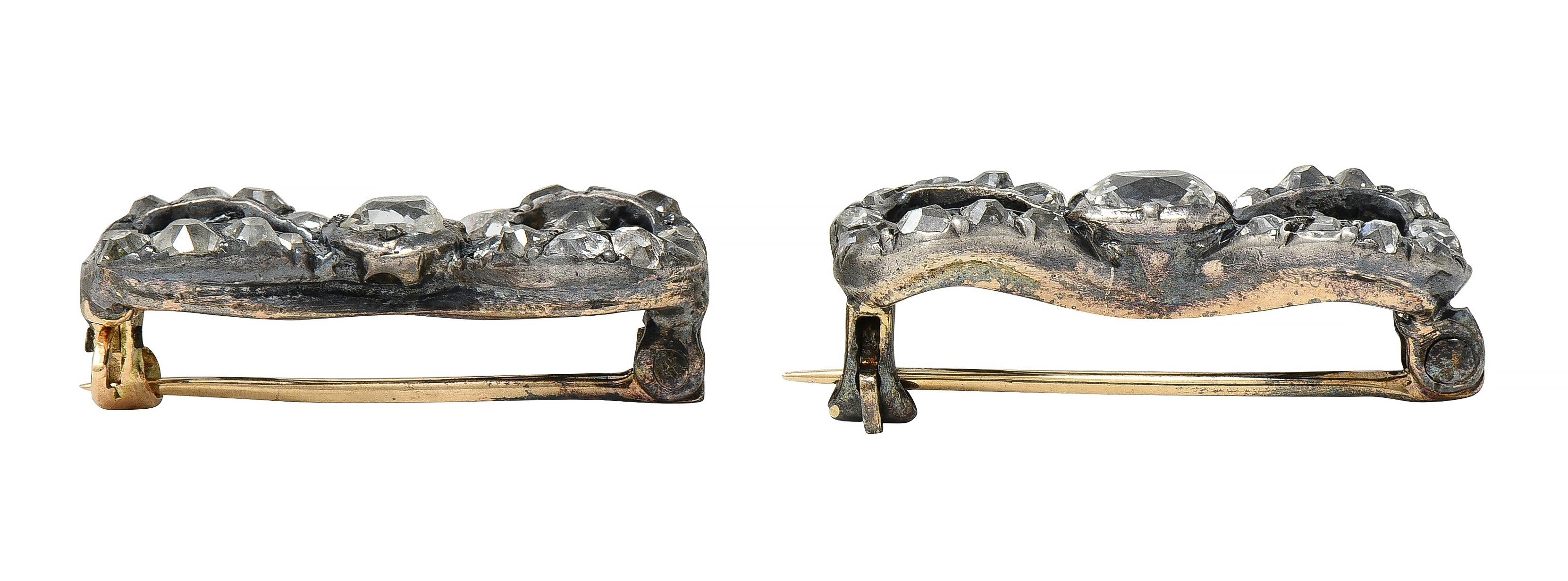 Georgian 2.56 CTW Diamond Sterling Silver 10K Gold Antique Bow Brooch Set