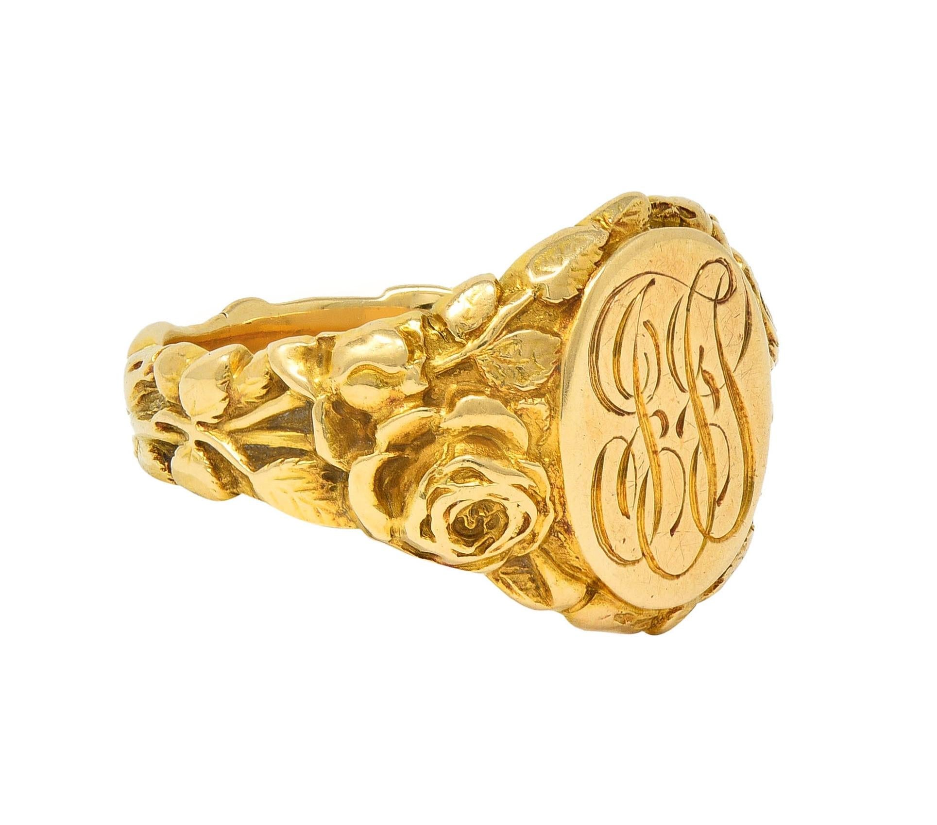 Art Nouveau Jones & Woodland 14 Karat Yellow Gold Antique Rose Signet Ring