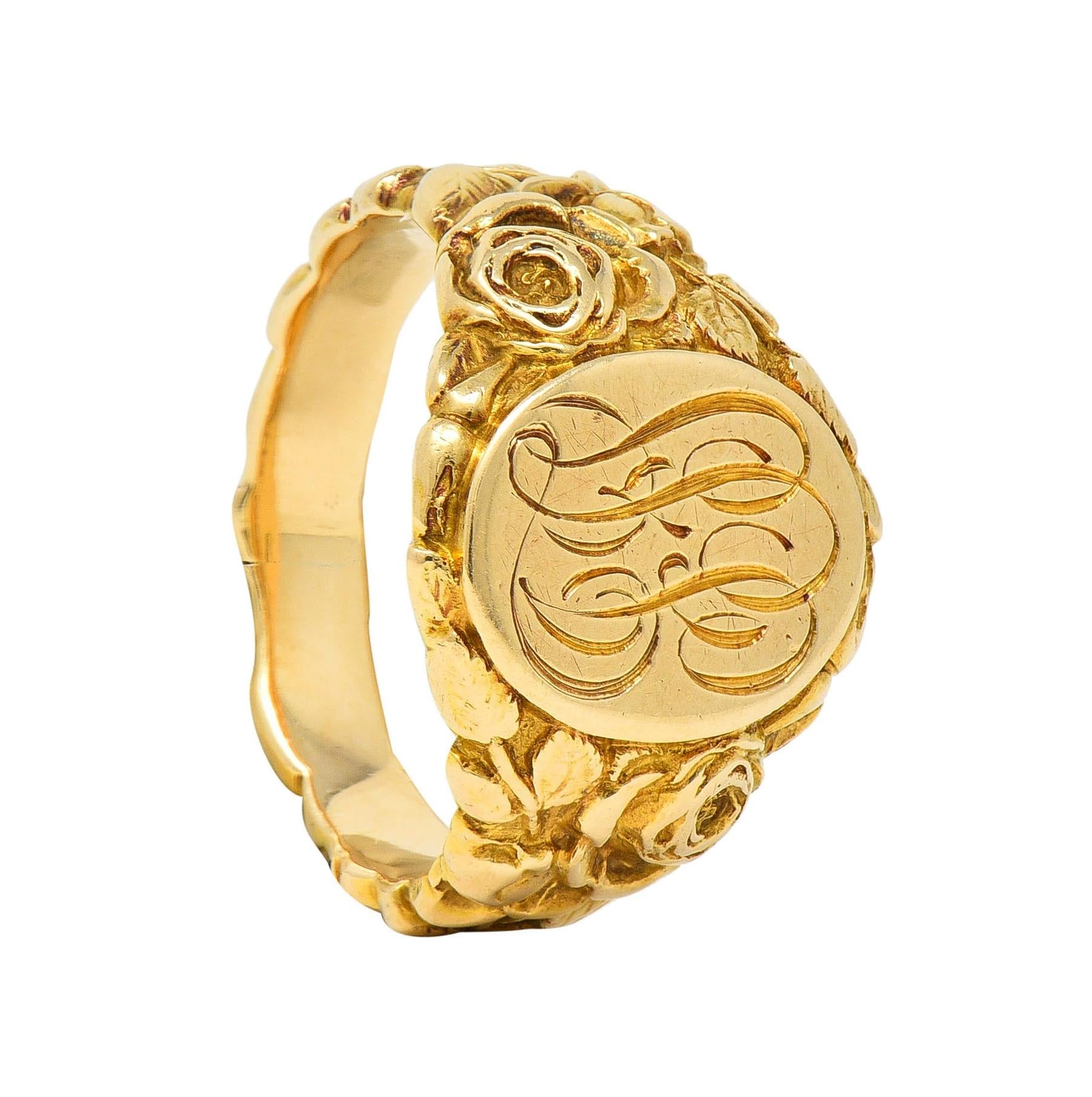 Art Nouveau Jones & Woodland 14 Karat Yellow Gold Antique Rose Signet Ring