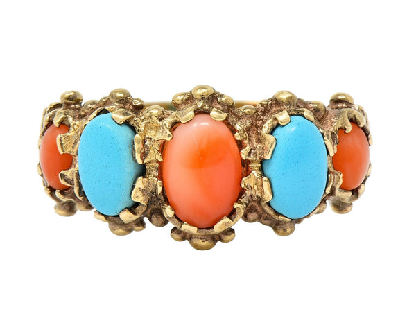 Vintage Brutalist Coral Turquoise 9 Karat Yellow Gold Five Stone Band Ring