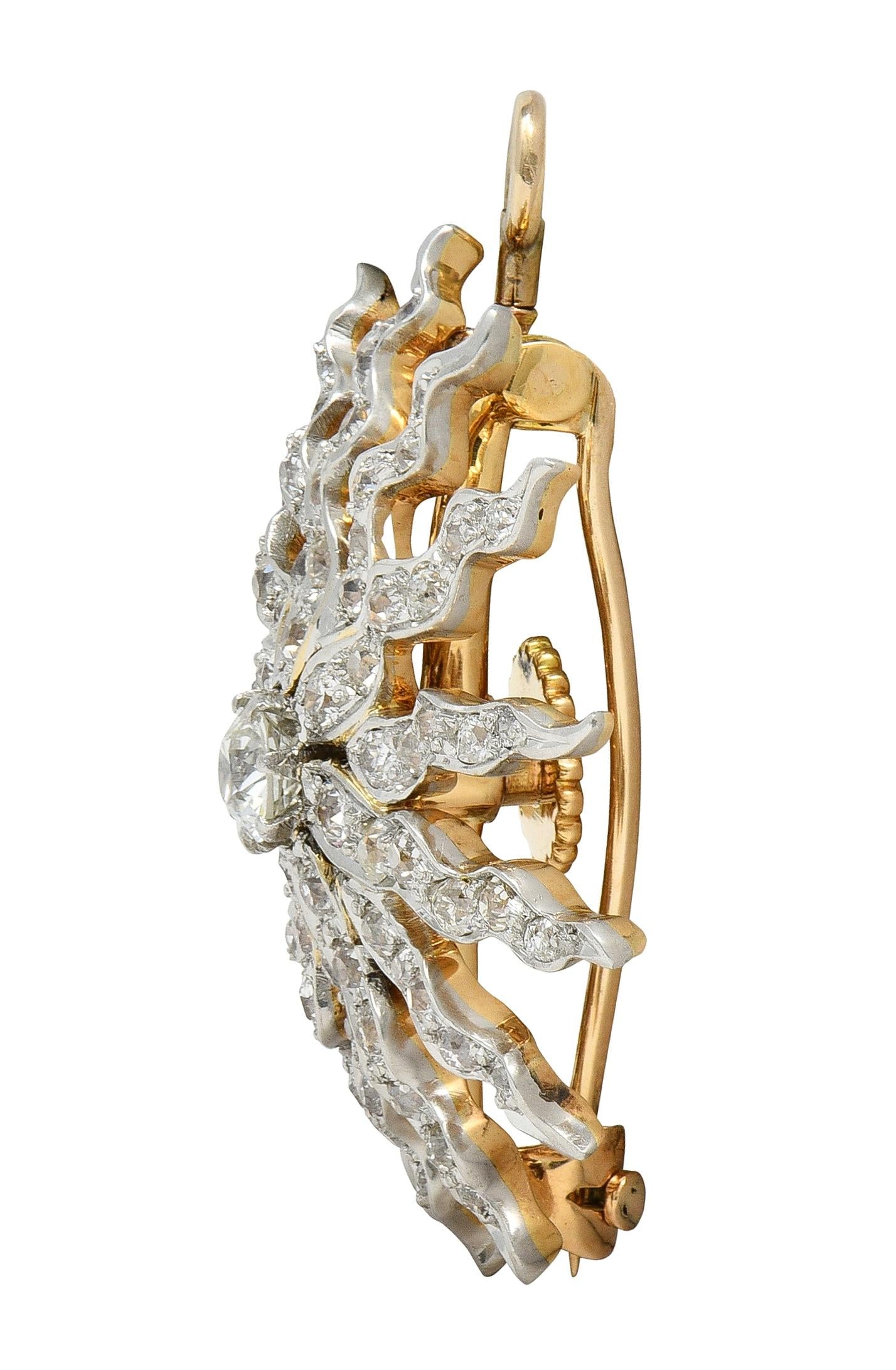 Victorian 3.62 CTW Diamond Platinum 14K Gold Antique Starburst Pendant Brooch