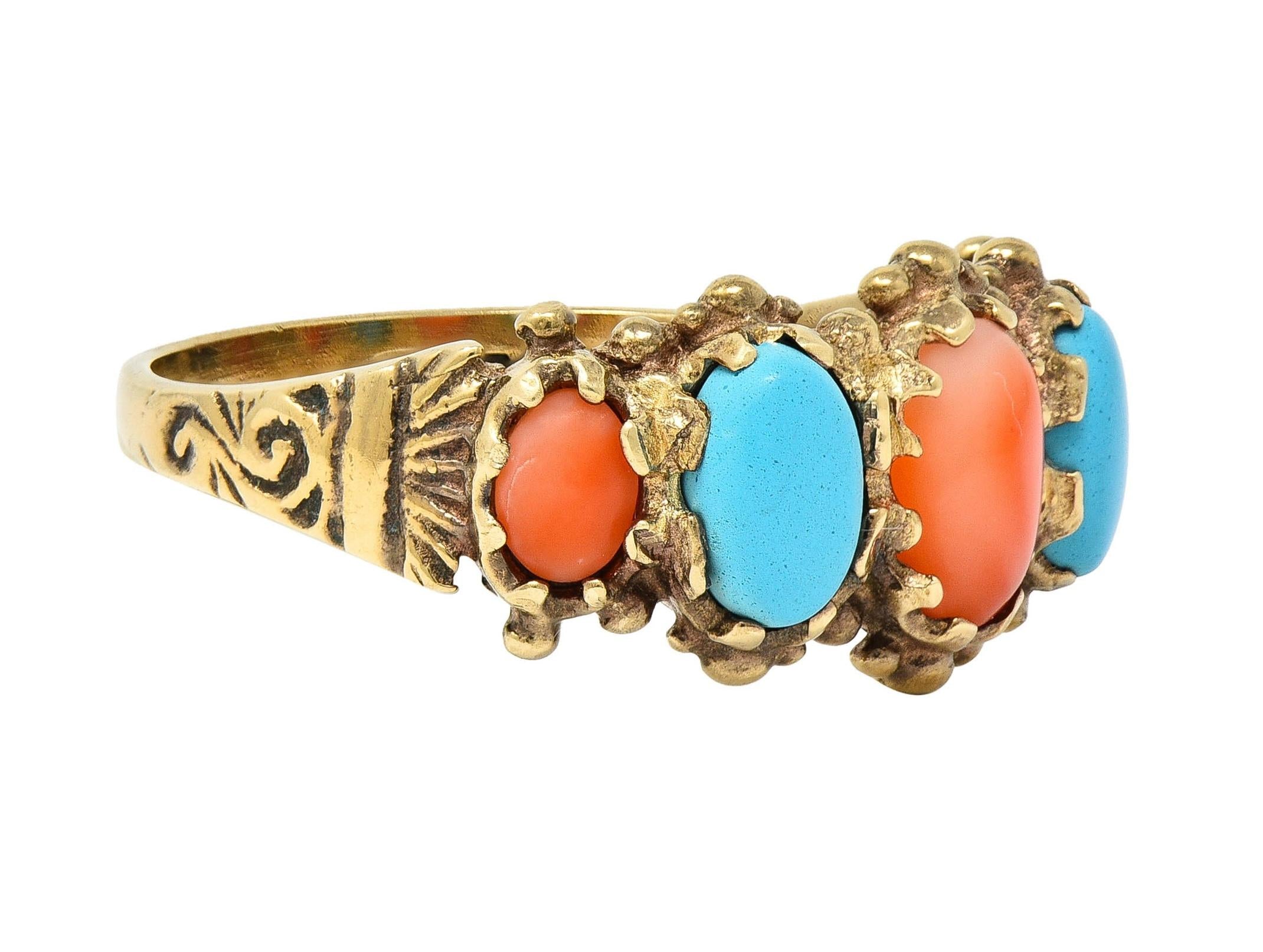 Vintage Brutalist Coral Turquoise 9 Karat Yellow Gold Five Stone Band Ring