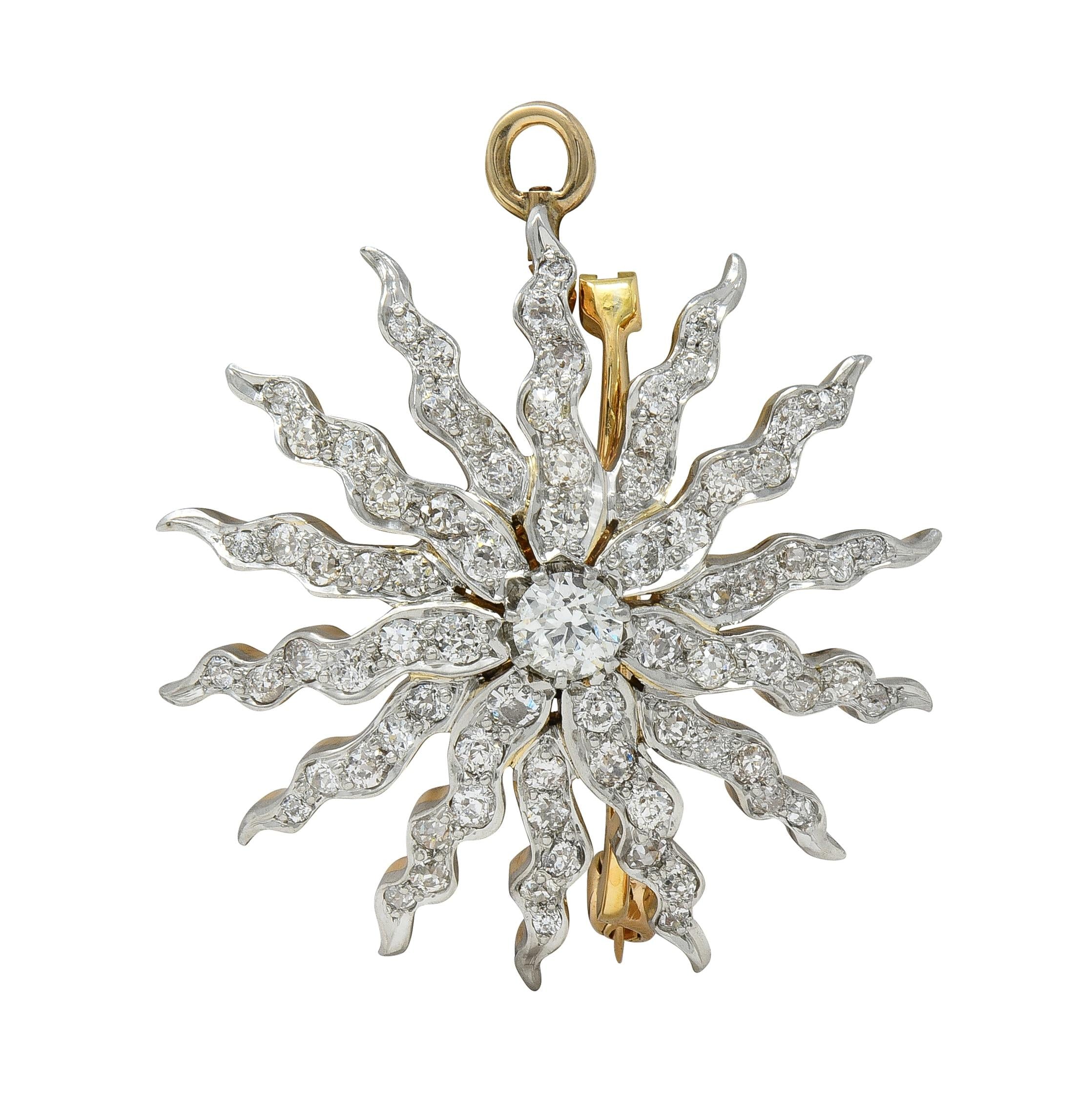 Victorian 3.62 CTW Diamond Platinum 14K Gold Antique Starburst Pendant Brooch
