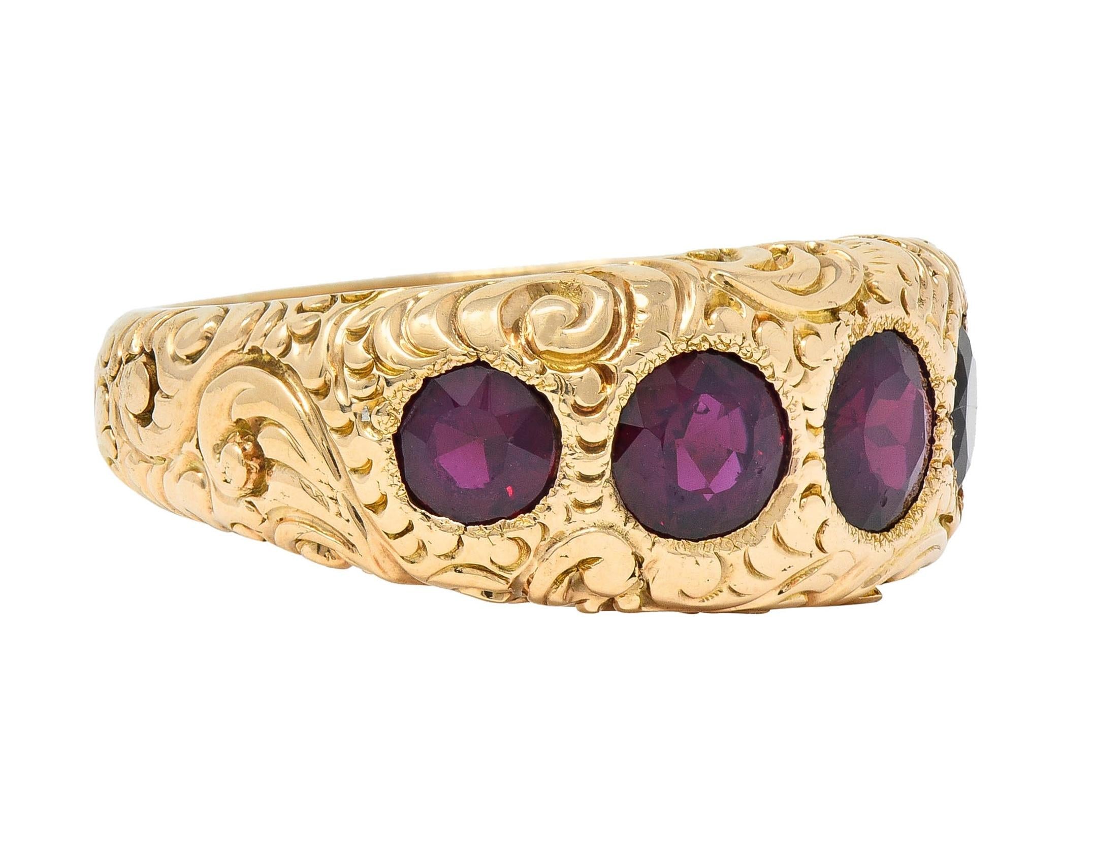 Victorian 3.44 CTW Garnet 14 Karat Yellow Gold Antique Five Stone Band Ring