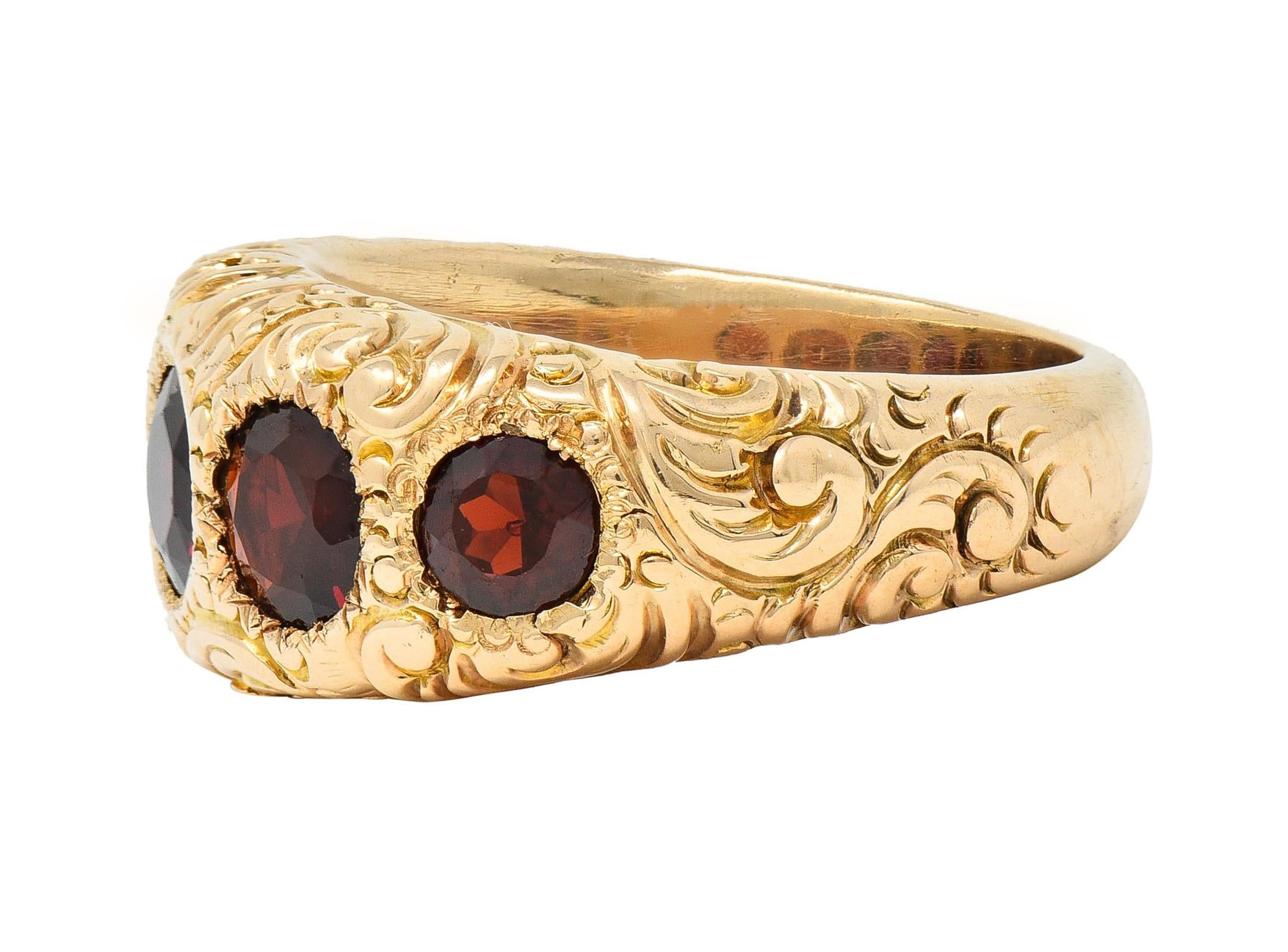 Victorian 3.44 CTW Garnet 14 Karat Yellow Gold Antique Five Stone Band Ring