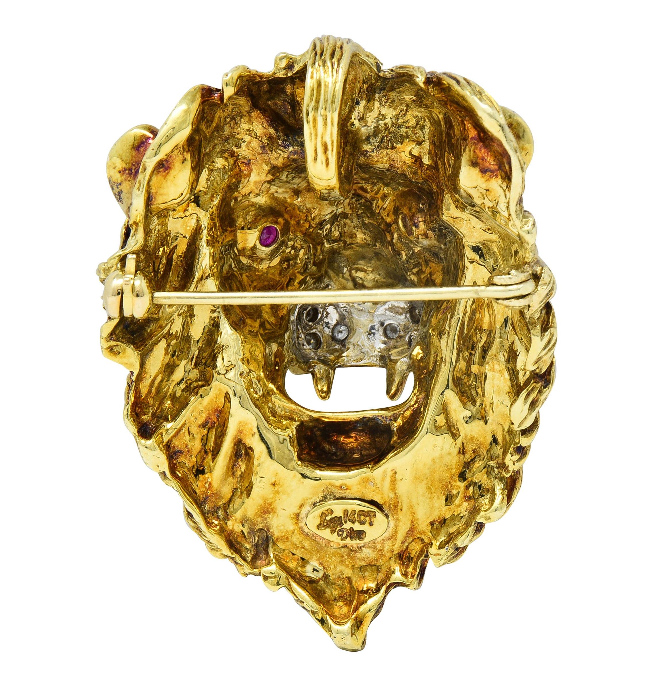 1990's Diamond Ruby 14 Karat Two-Tone Gold Vintage Lion Head Pendant Brooch