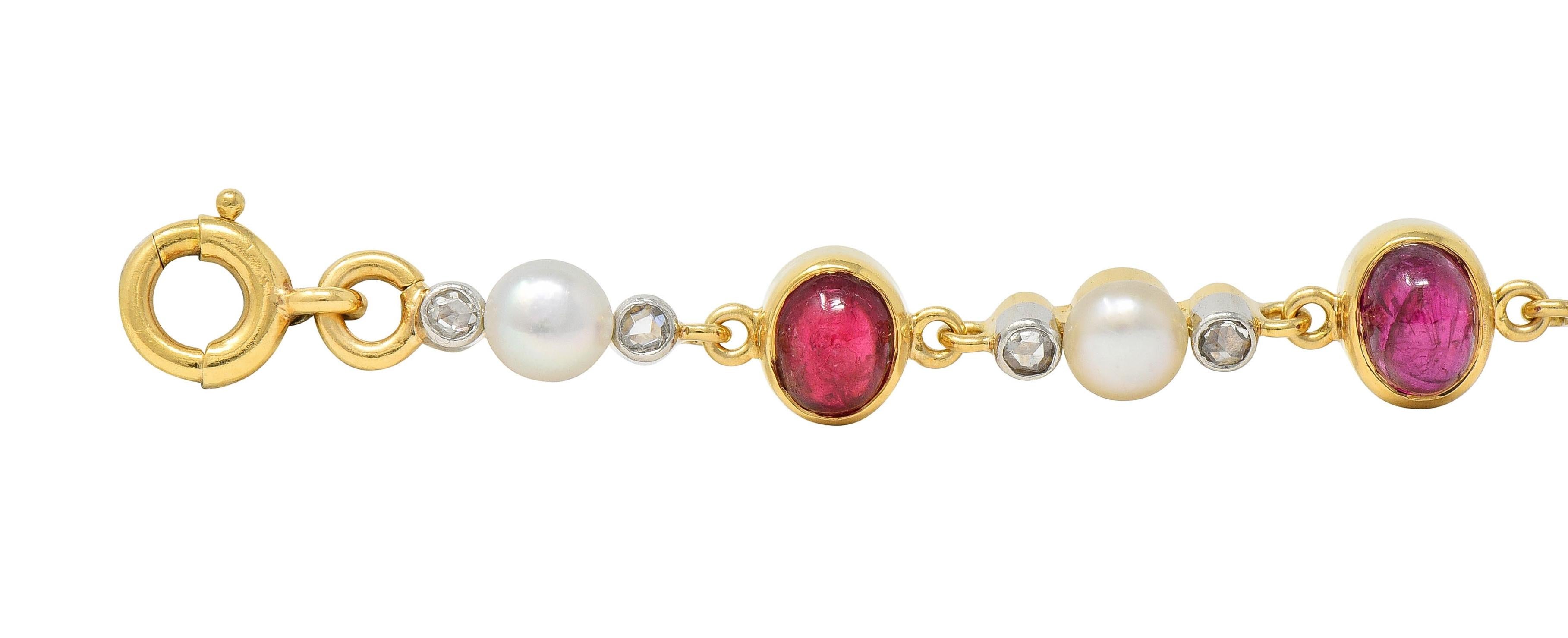 Edwardian French Ruby Diamond Pearl Platinum 18K Gold Antique Line Bracelet