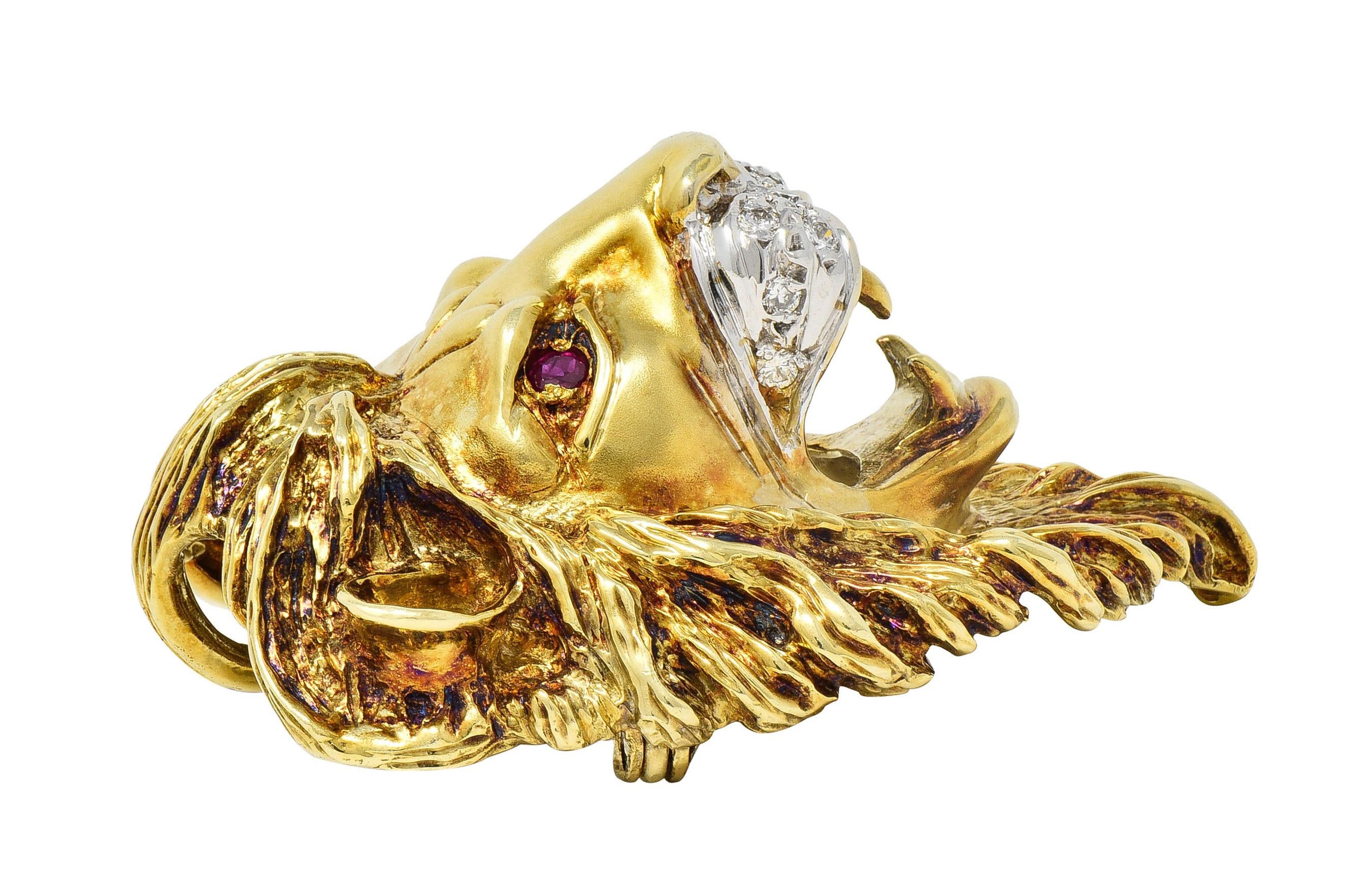 1990's Diamond Ruby 14 Karat Two-Tone Gold Vintage Lion Head Pendant Brooch