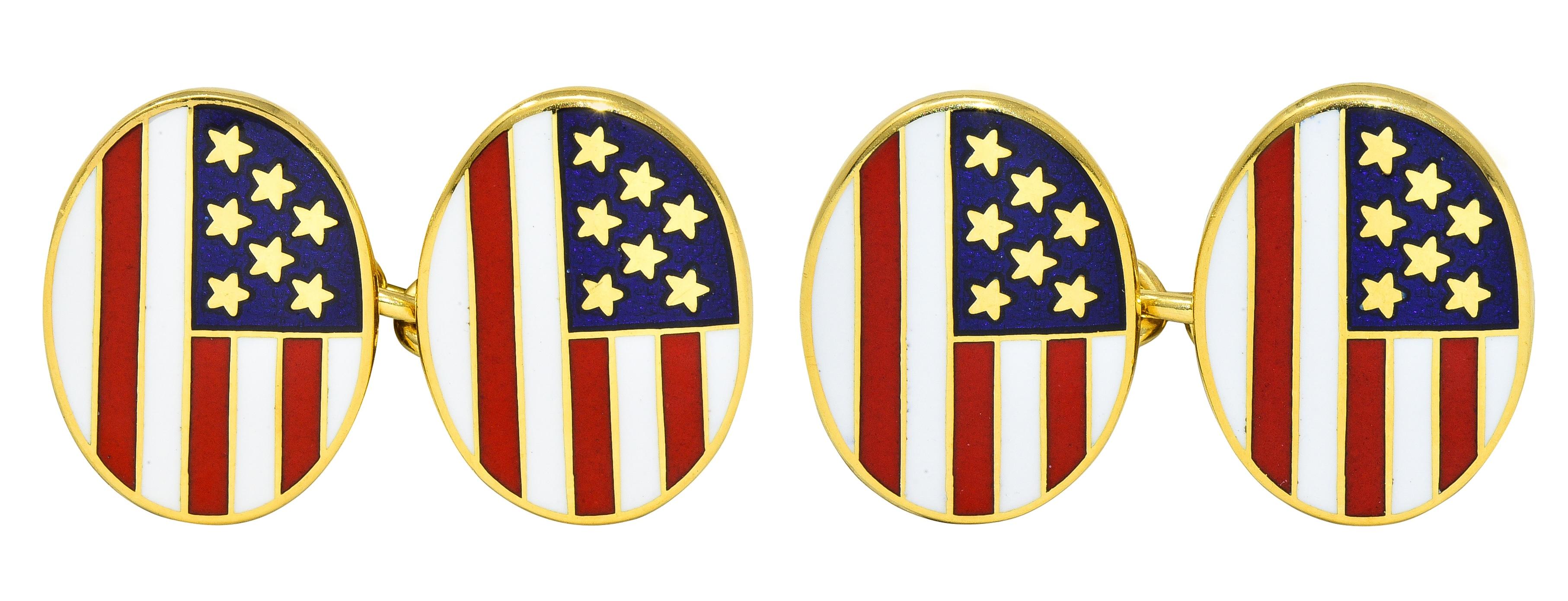 Cartier Enamel 18 Karat Yellow Gold Vintage American Flag Cufflinks