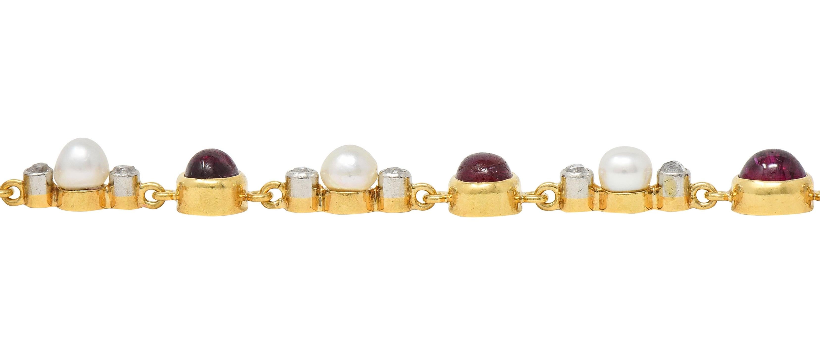 Edwardian French Ruby Diamond Pearl Platinum 18K Gold Antique Line Bracelet