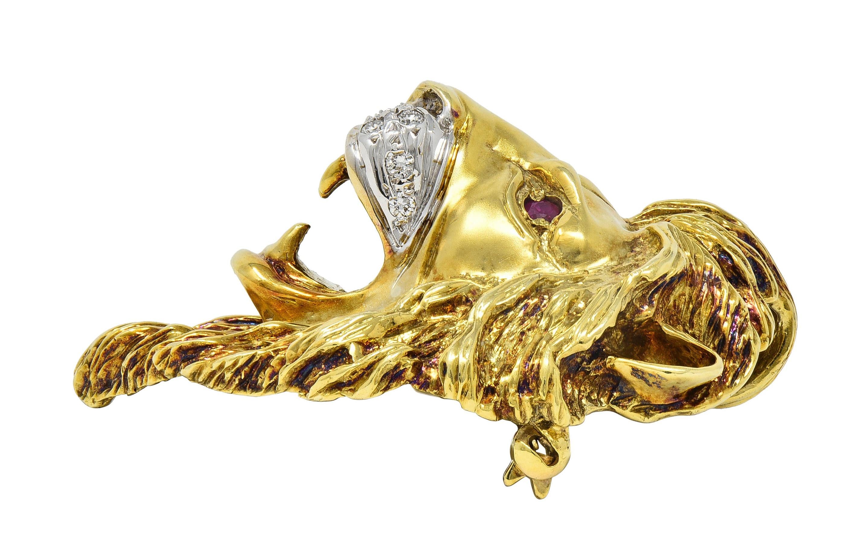 1990's Diamond Ruby 14 Karat Two-Tone Gold Vintage Lion Head Pendant Brooch