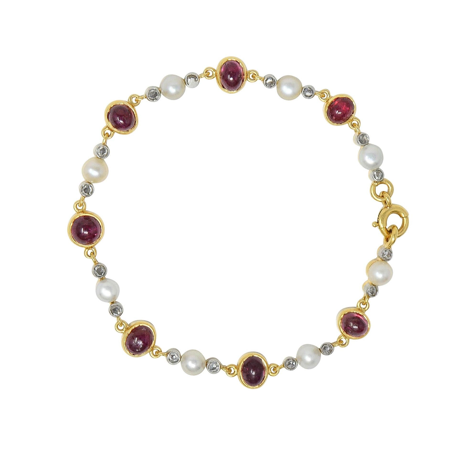 Edwardian French Ruby Diamond Pearl Platinum 18K Gold Antique Line Bracelet