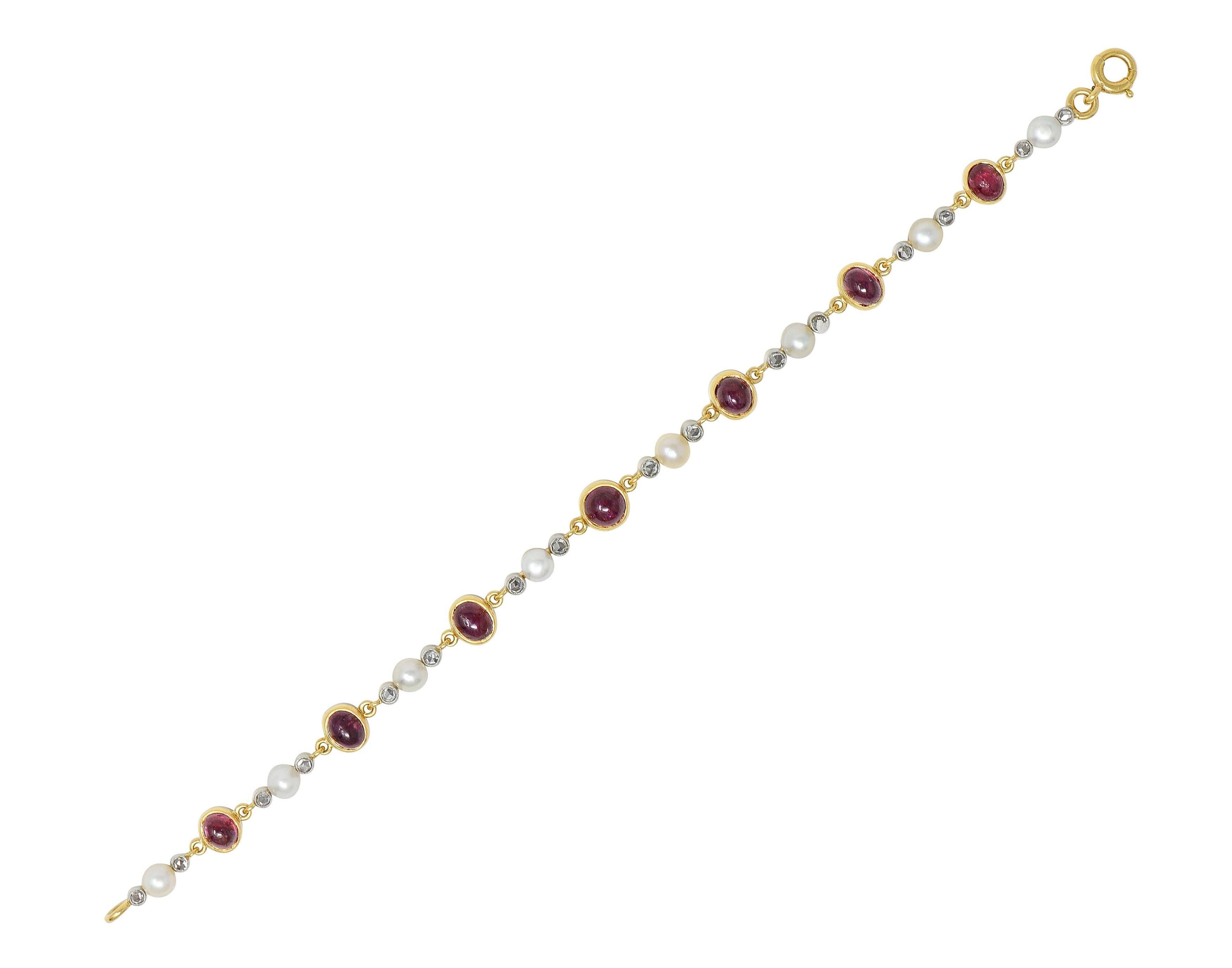 Edwardian French Ruby Diamond Pearl Platinum 18K Gold Antique Line Bracelet