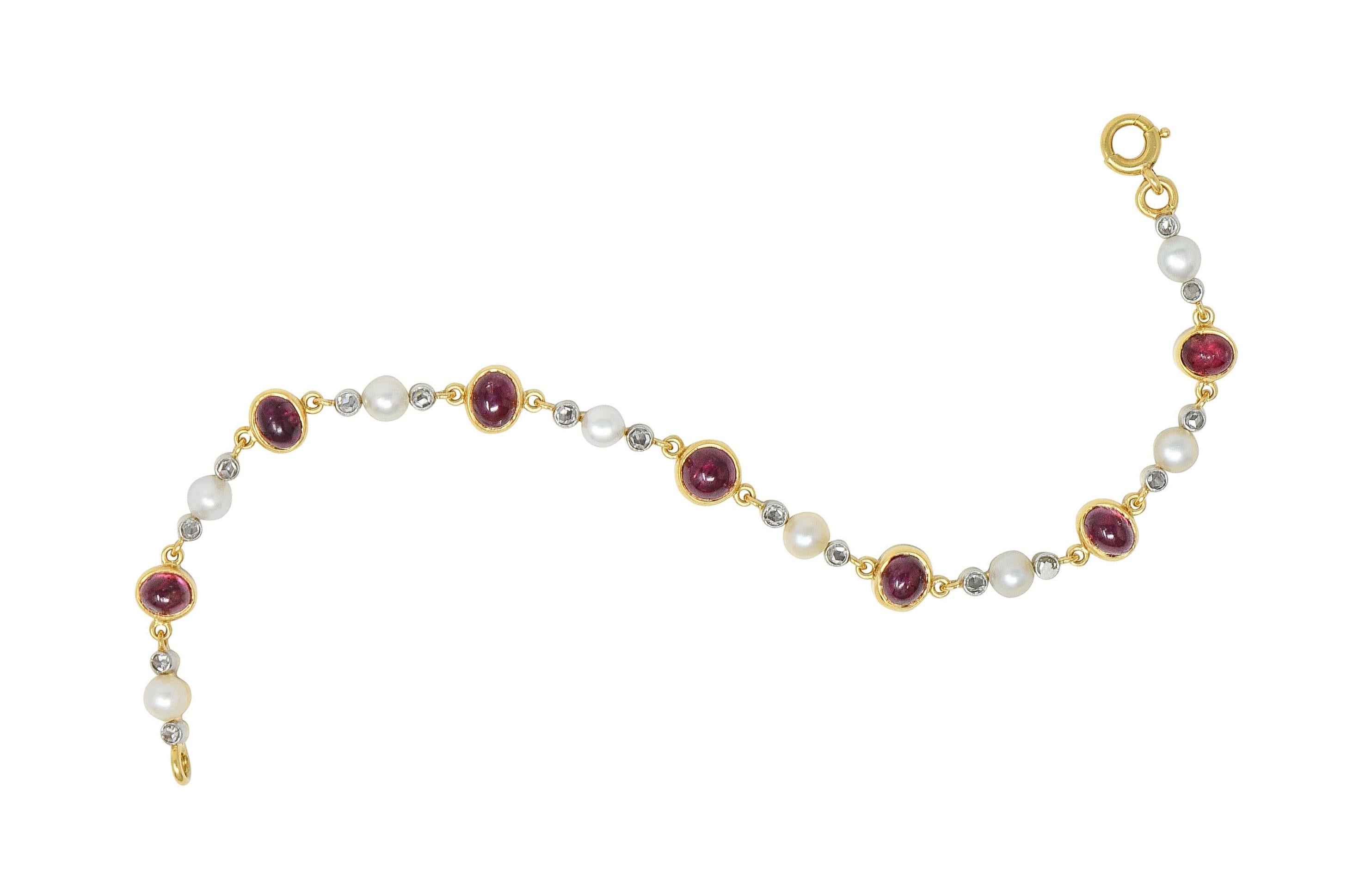 Edwardian French Ruby Diamond Pearl Platinum 18K Gold Antique Line Bracelet