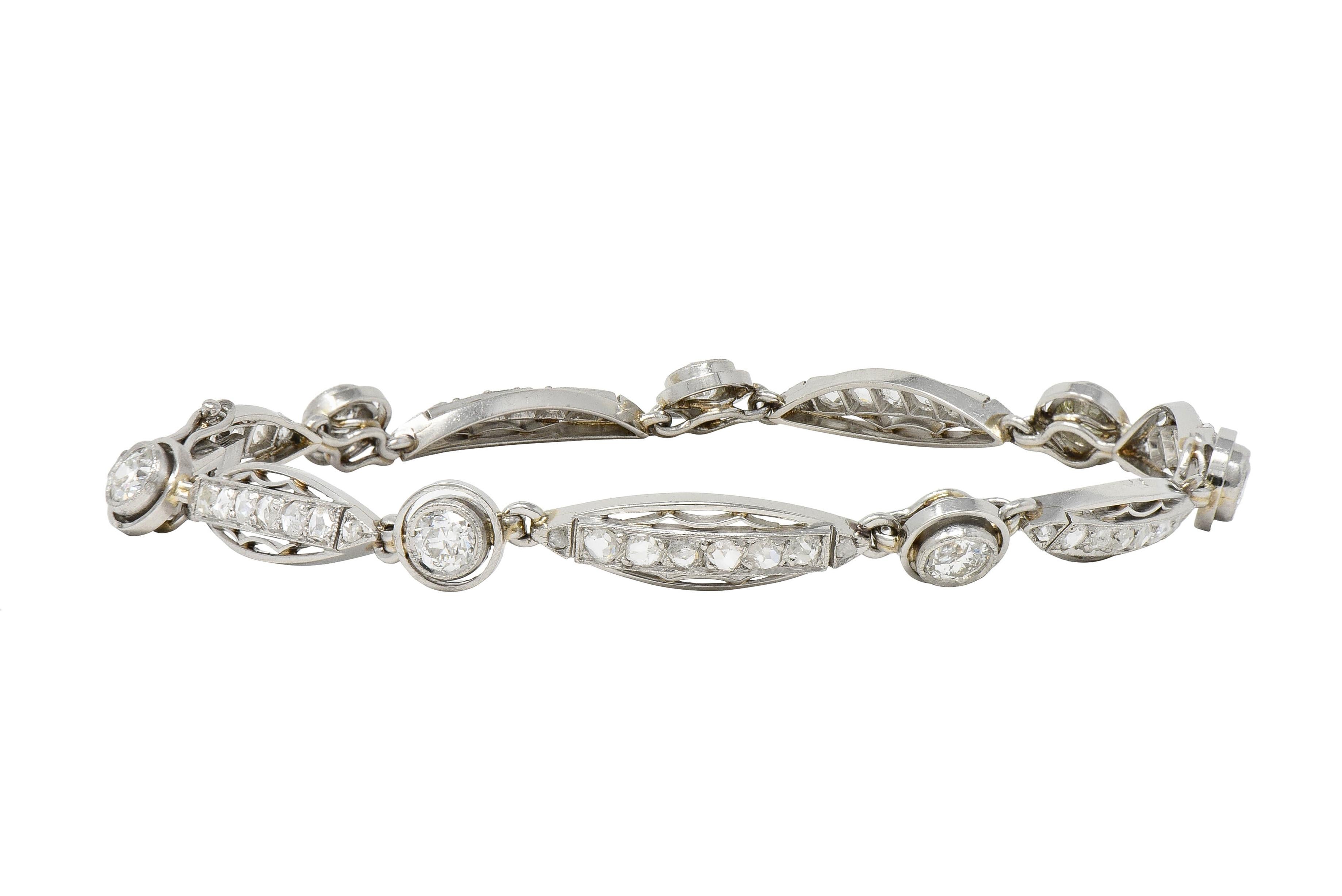 French Art Deco Old European Diamond Platinum Vintage Fancy Link Line Bracelet