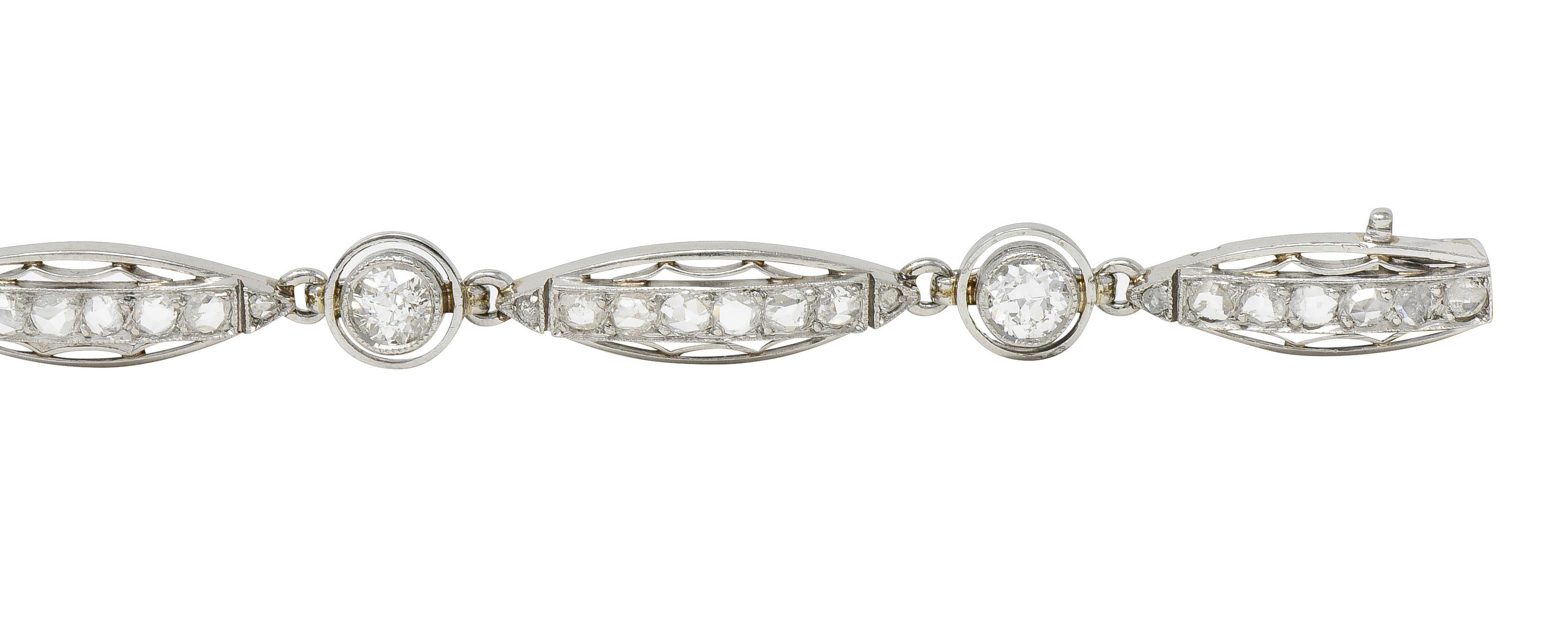 French Art Deco Old European Diamond Platinum Vintage Fancy Link Line Bracelet