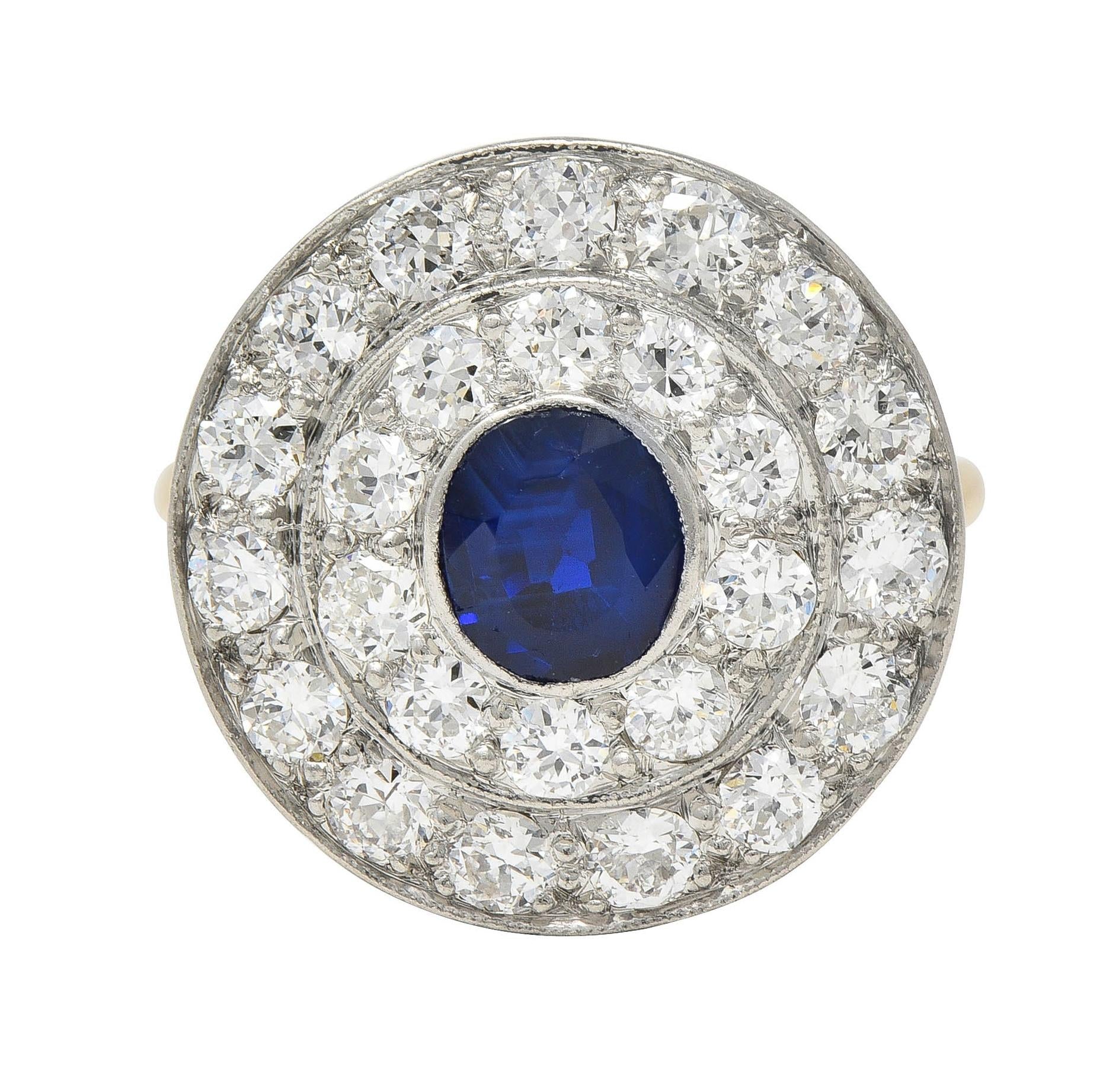 Edwardian 2.80 CTW Sapphire Diamond Platinum 18 Karat Gold Antique Cluster Ring