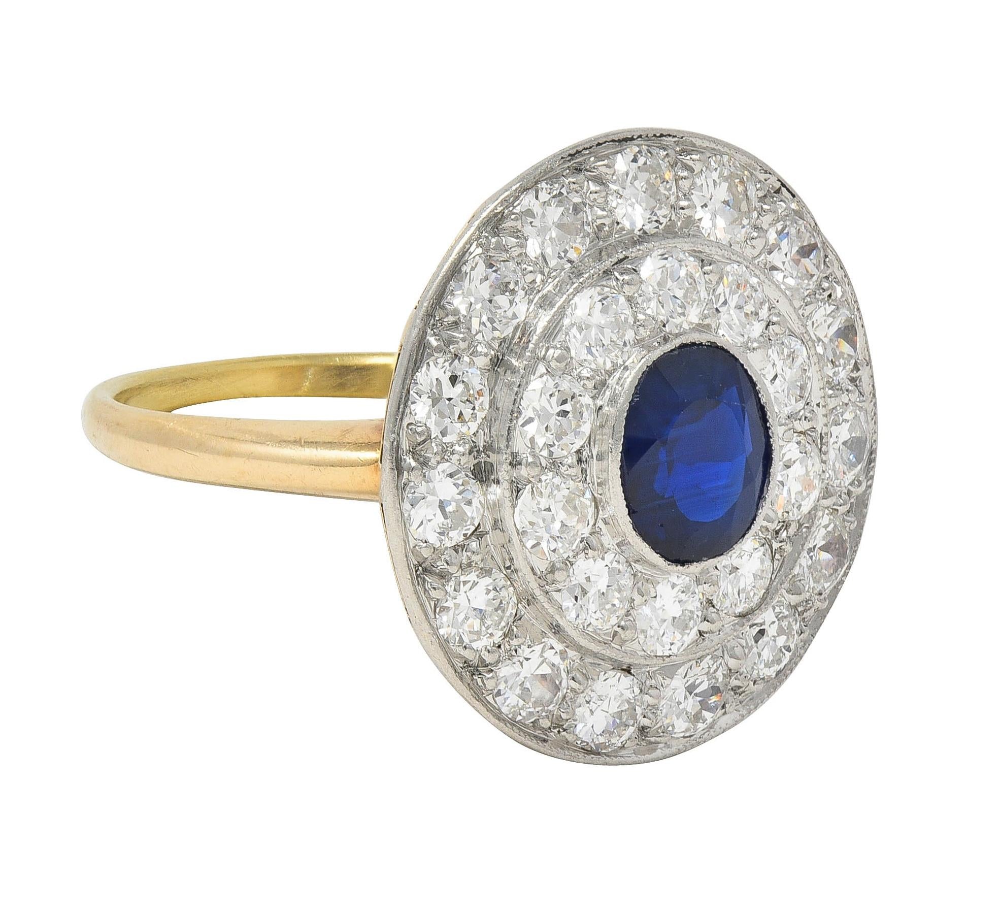 Edwardian 2.80 CTW Sapphire Diamond Platinum 18 Karat Gold Antique Cluster Ring