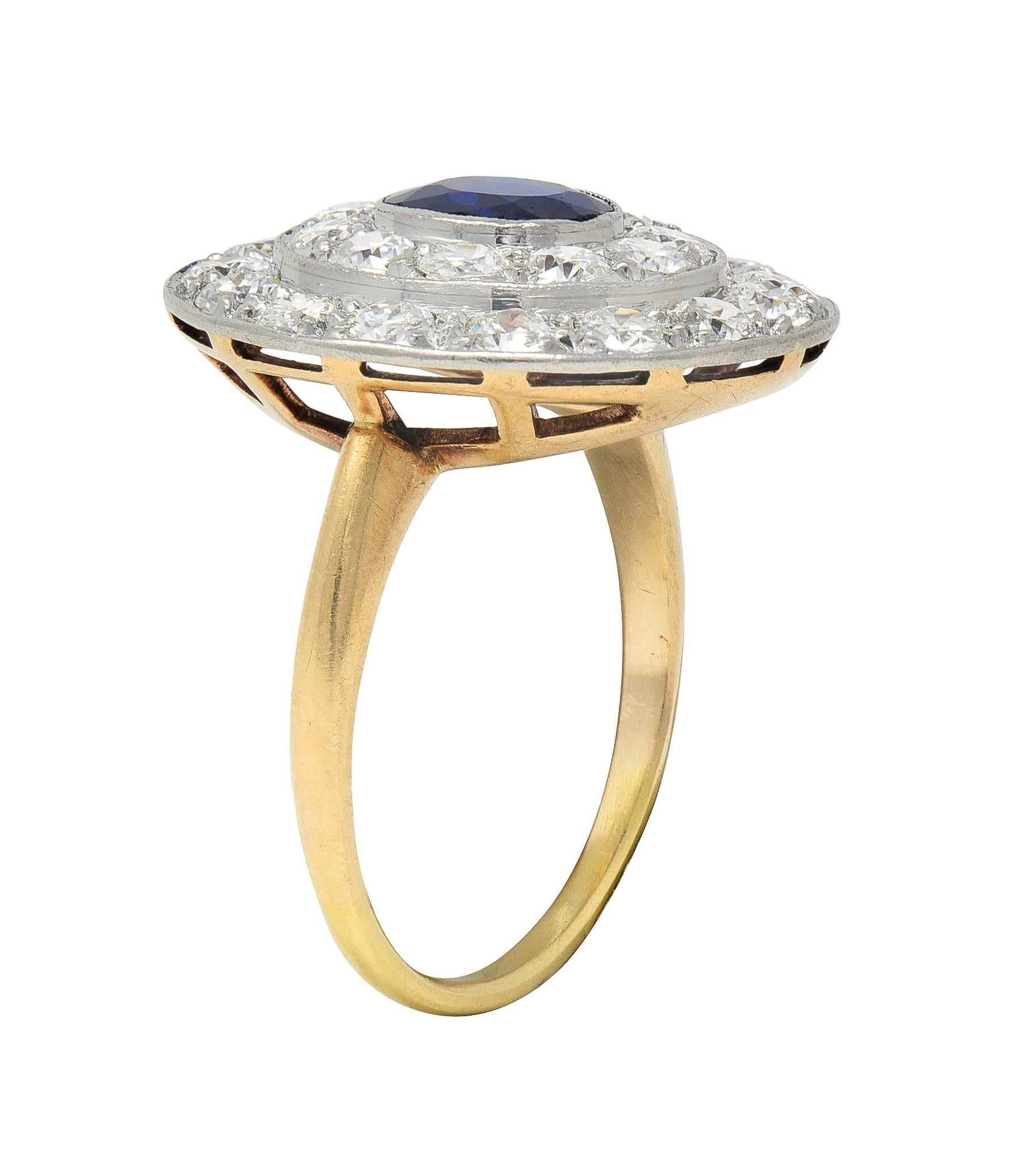 Edwardian 2.80 CTW Sapphire Diamond Platinum 18 Karat Gold Antique Cluster Ring