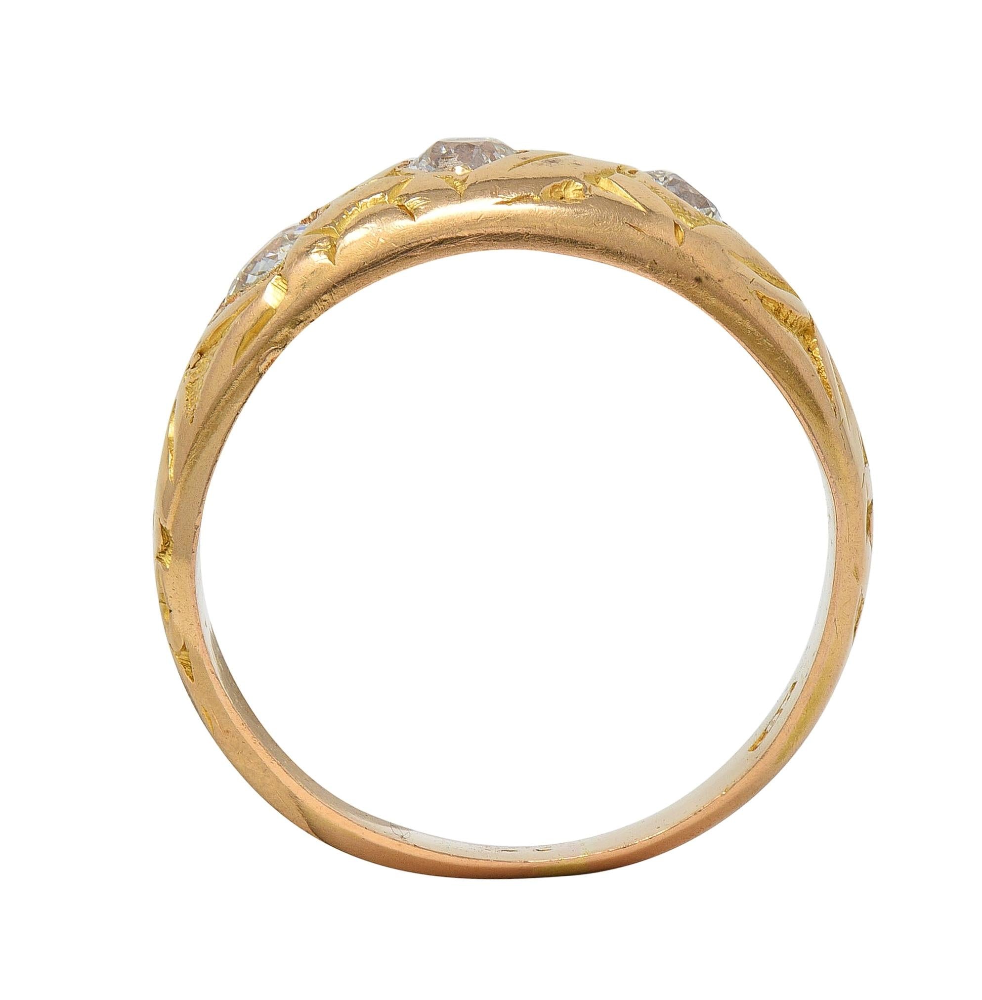 Victorian Diamond 18 Karat Yellow Gold Antique Floral Three Stone Band Ring