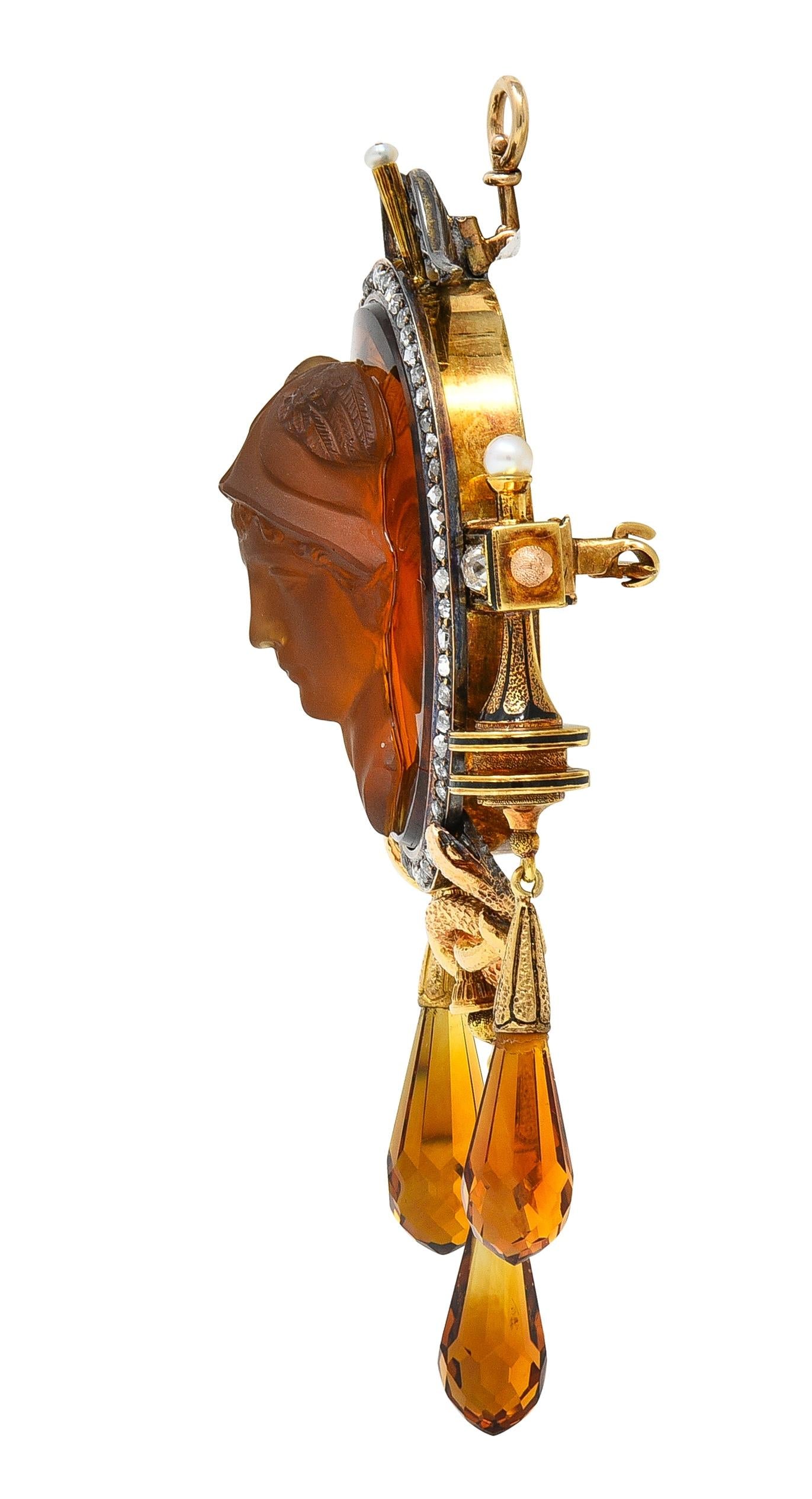Victorian Diamond Citrine 18K Gold Antique Greek God Hermés Cameo Pendant Brooch