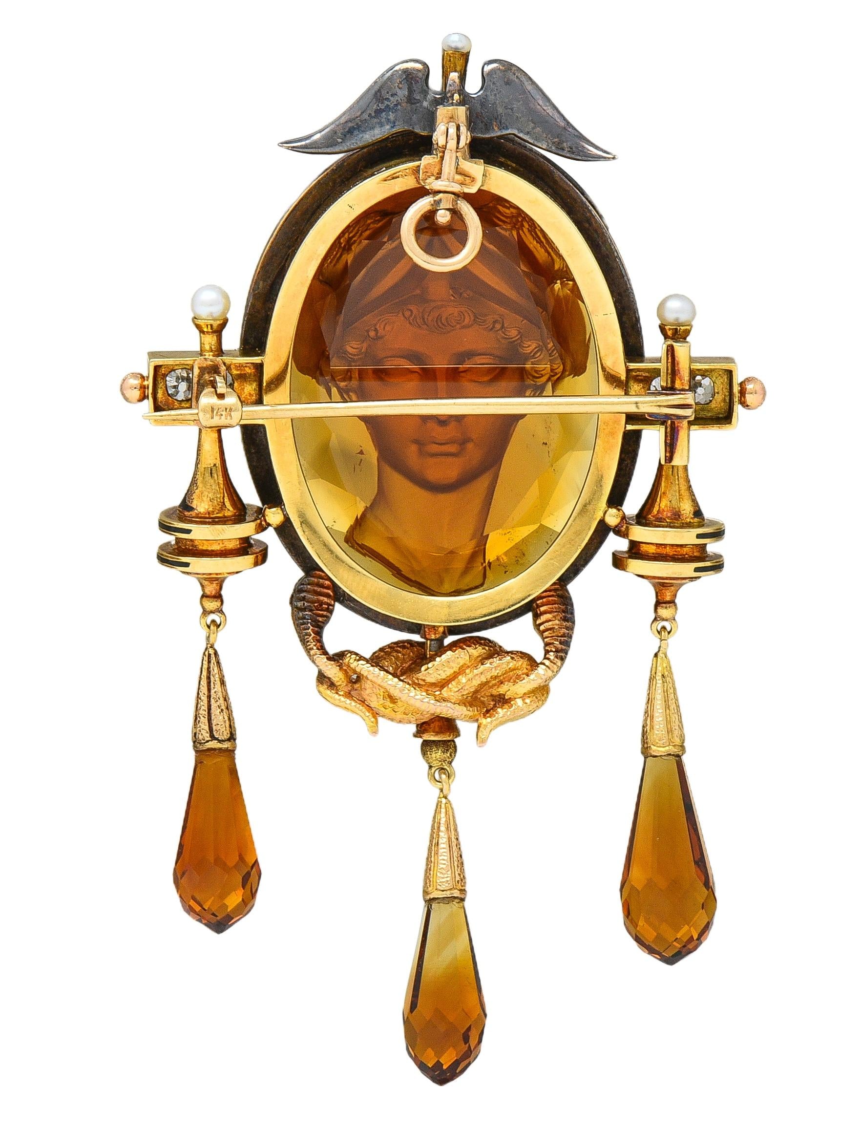 Victorian Diamond Citrine 18K Gold Antique Greek God Hermés Cameo Pendant Brooch