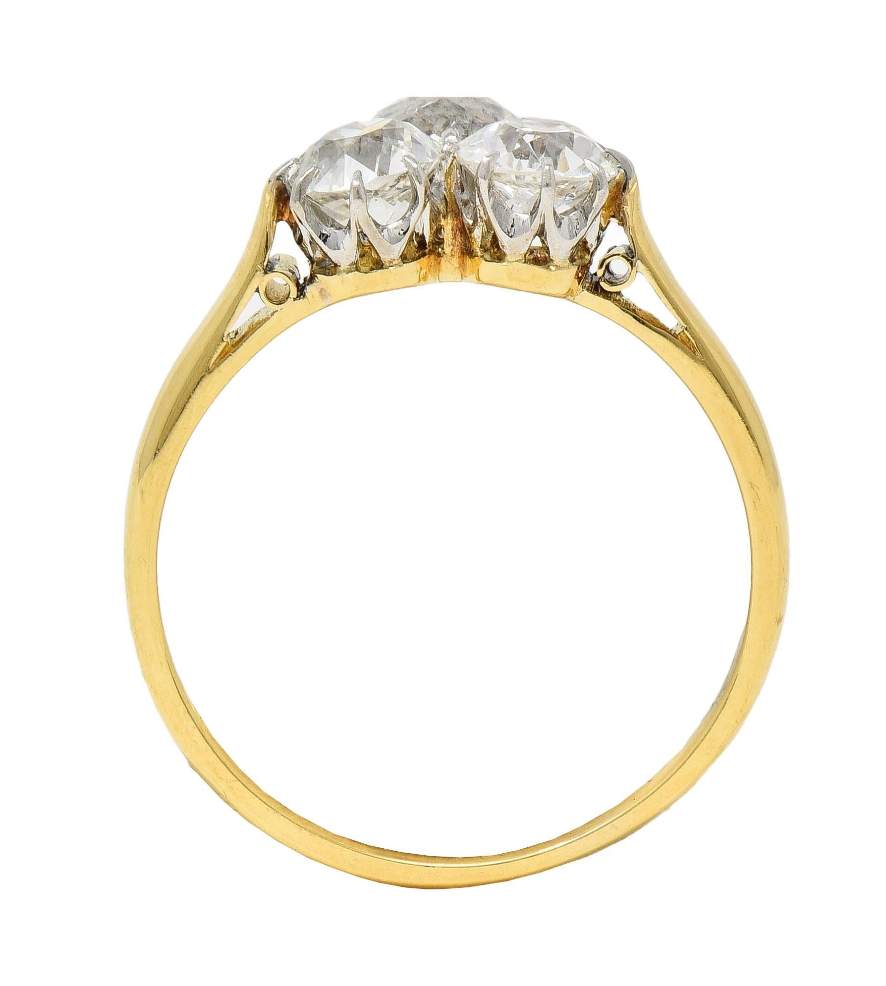 Edwardian 2.55 CTW Mine Diamond Platinum 18 Karat Gold Antique Three Stone Ring