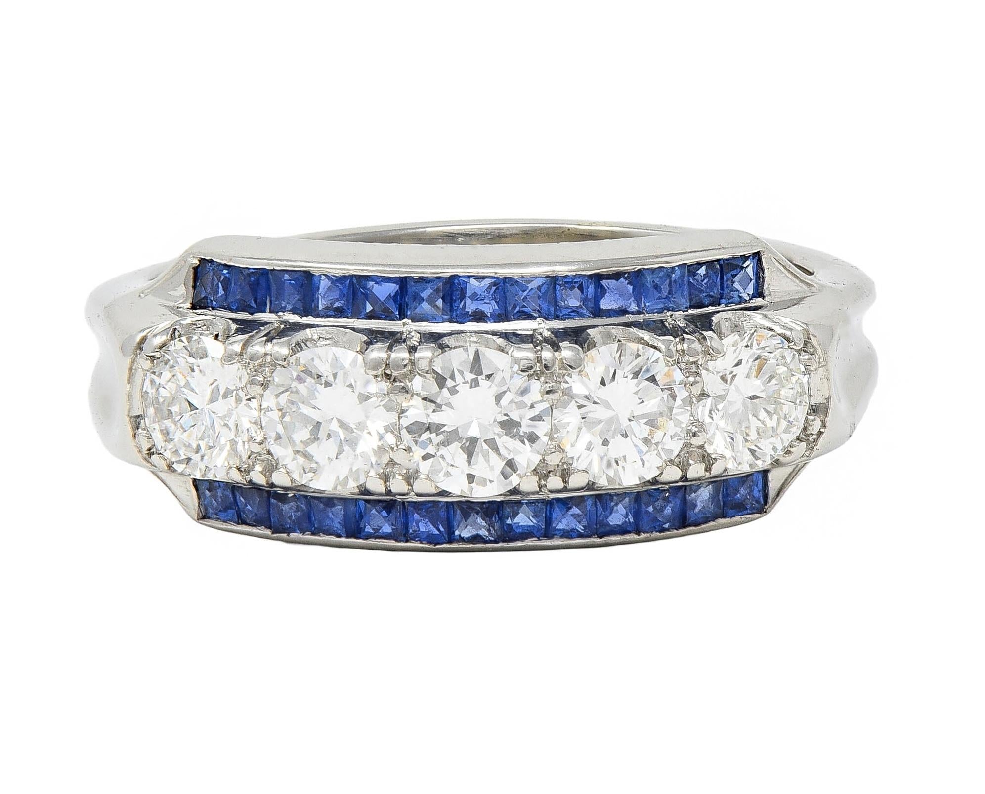 Mid-Century 1.38 CTW Diamond Sapphire Platinum Vintage Band Ring