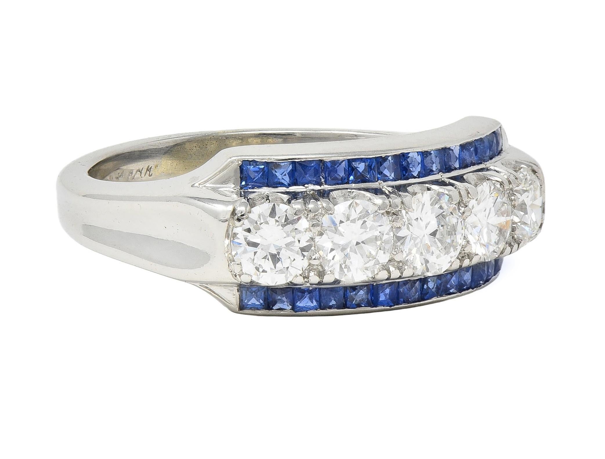 Mid-Century 1.38 CTW Diamond Sapphire Platinum Vintage Band Ring