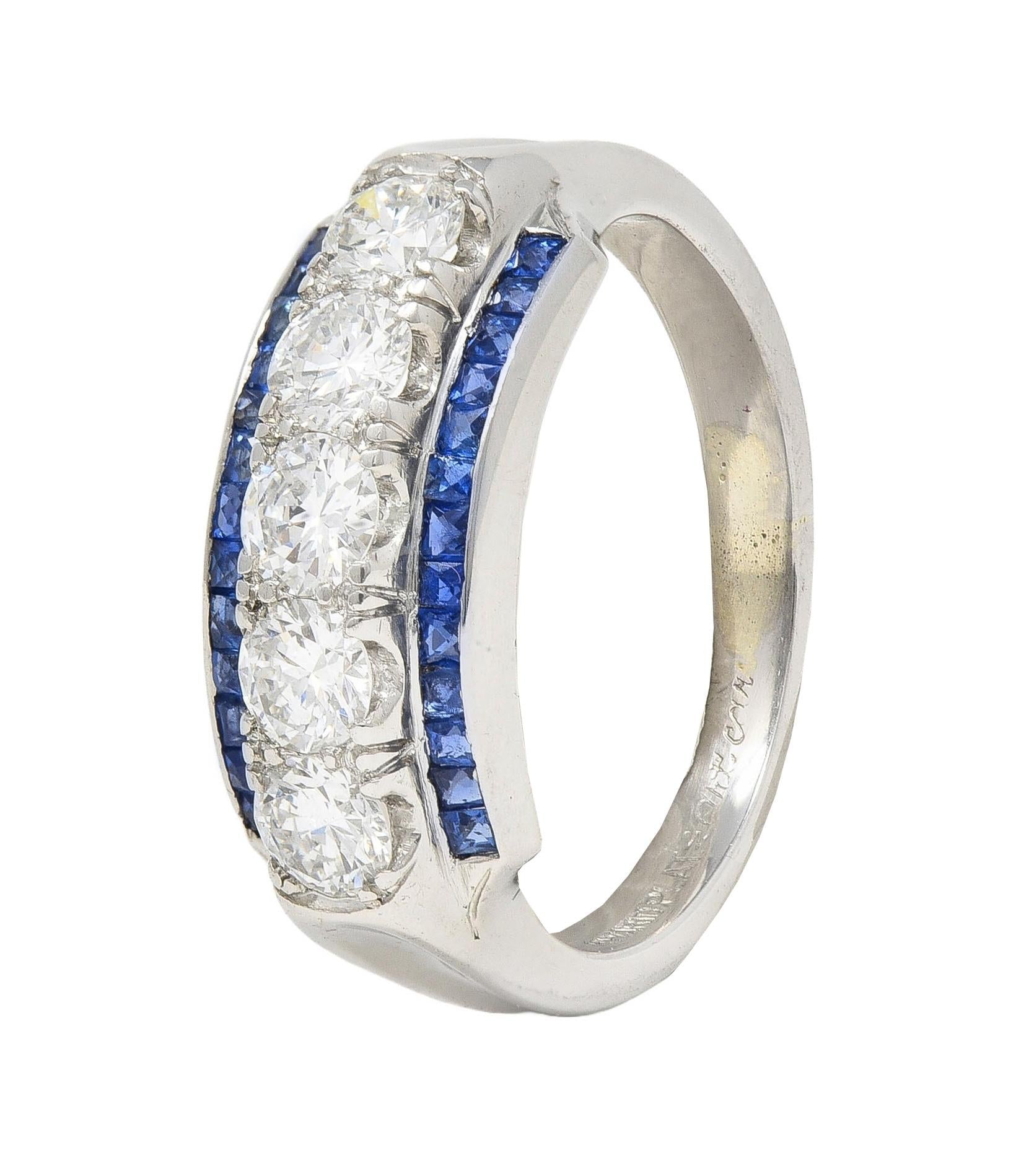 Mid-Century 1.38 CTW Diamond Sapphire Platinum Vintage Band Ring