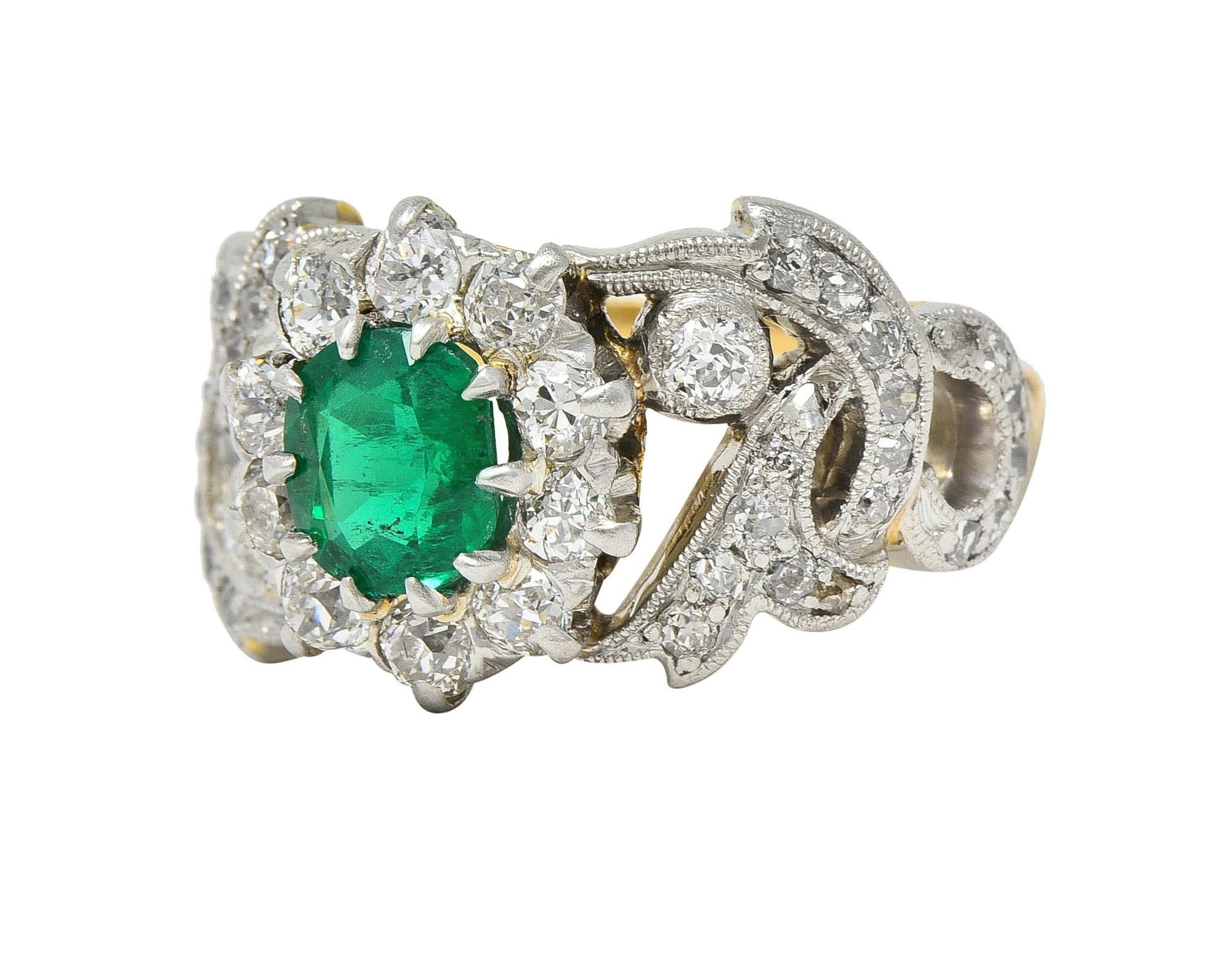 Edwardian 1.85 CTW Emerald Diamond Platinum 14 Karat Gold Antique Halo Ring