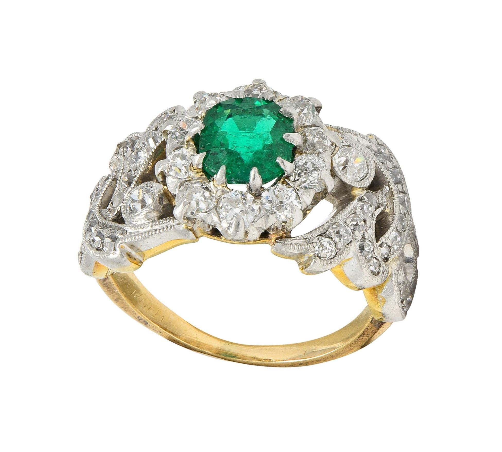 Edwardian 1.85 CTW Emerald Diamond Platinum 14 Karat Gold Antique Halo Ring