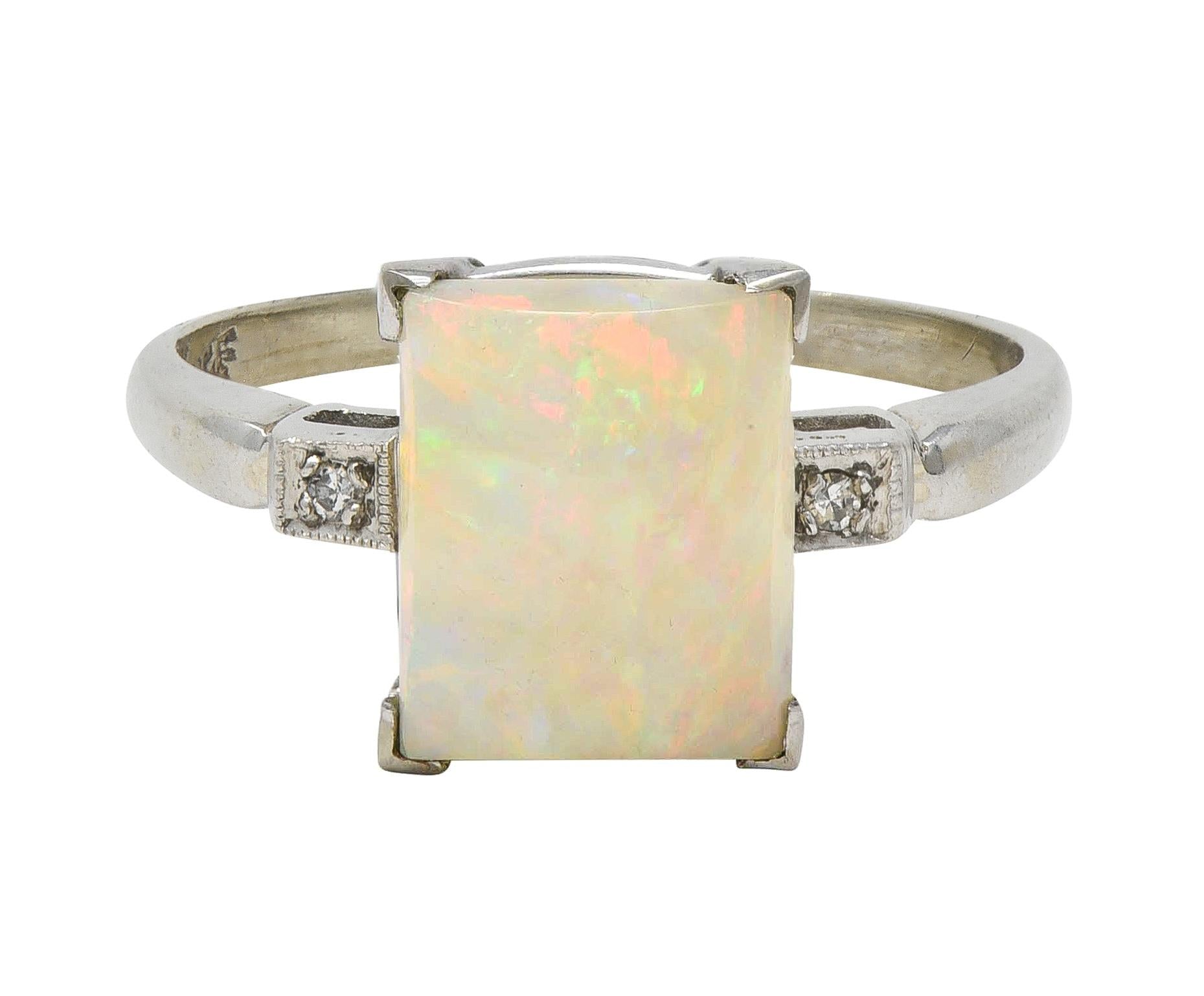 Baden & Foss Mid-Century Opal Diamond 14 Karat White Gold Vintage Ring