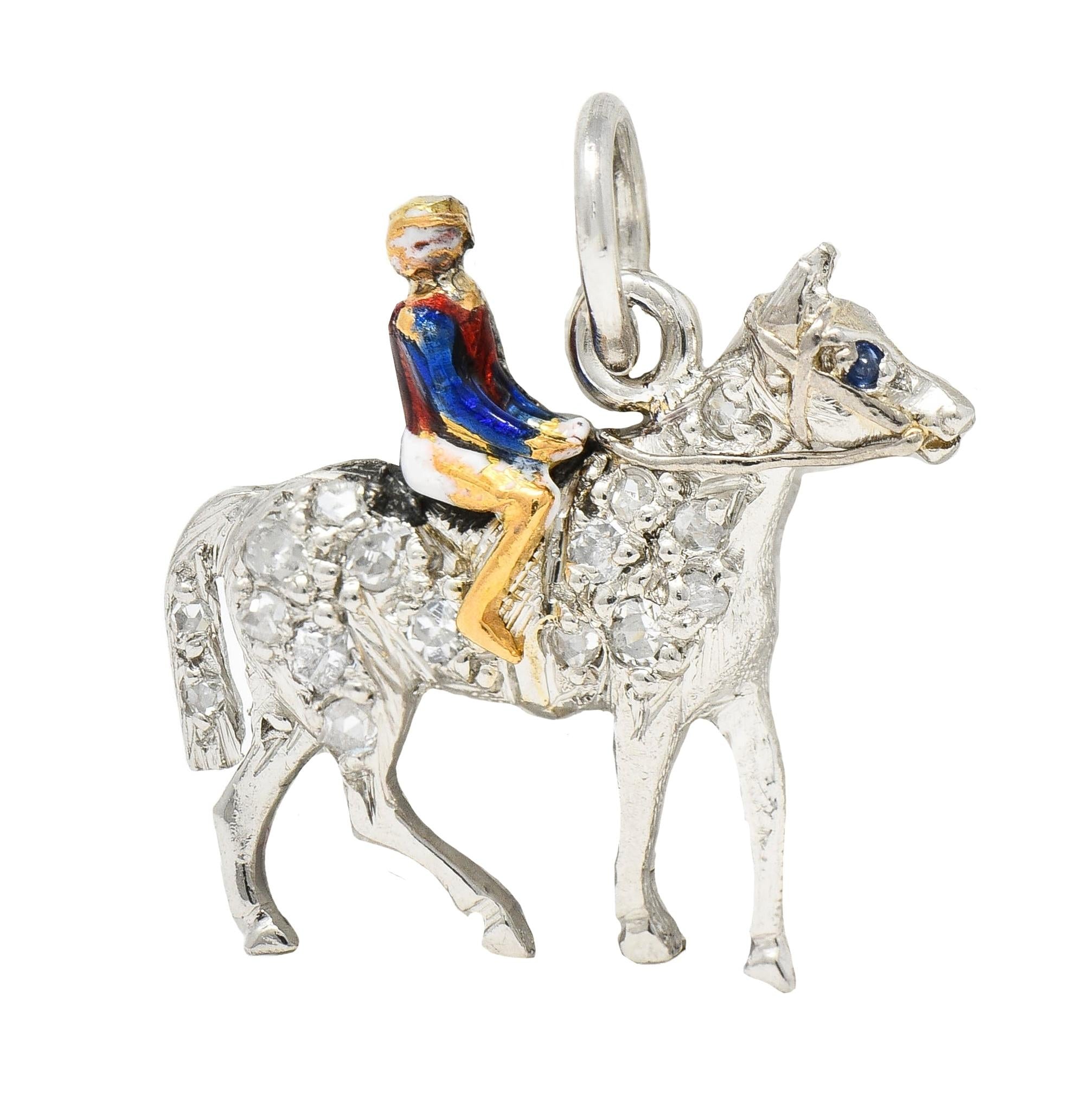 Edwardian Diamond Sapphire Enamel 18K Gold Platinum Race Horse Antique Charm