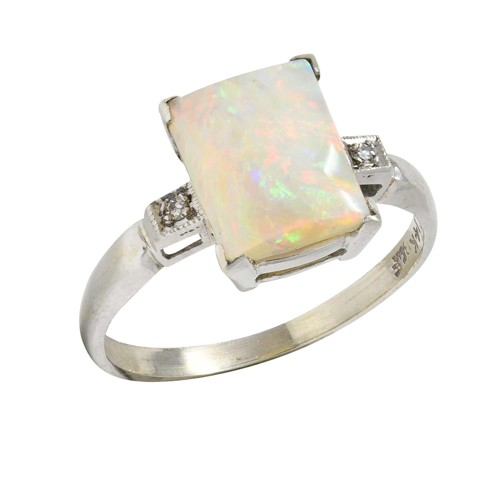 Baden & Foss Mid-Century Opal Diamond 14 Karat White Gold Vintage Ring