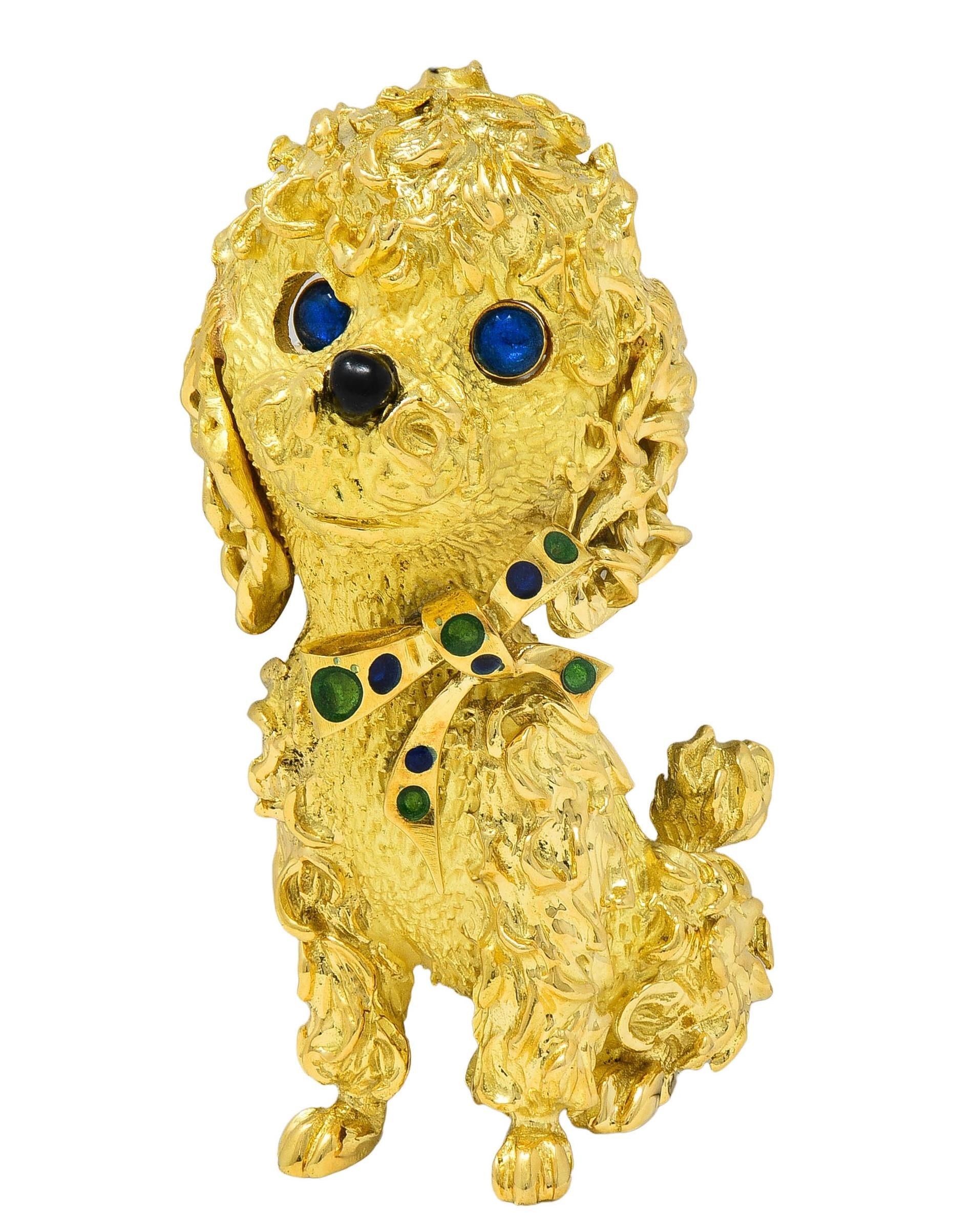 French 1960's Enamel 18 Karat Yellow Gold Vintage Poodle Dog Brooch