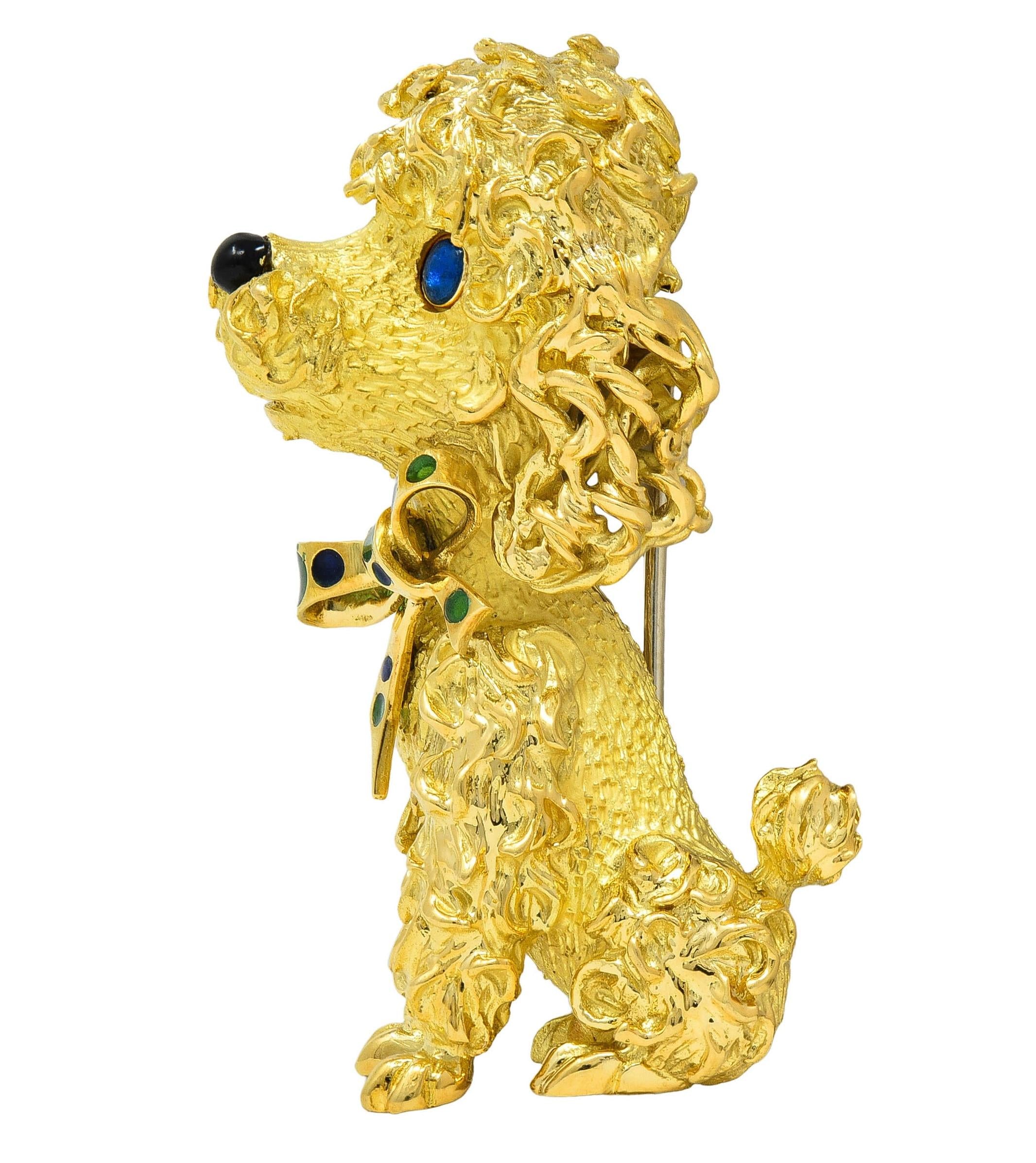 French 1960's Enamel 18 Karat Yellow Gold Vintage Poodle Dog Brooch