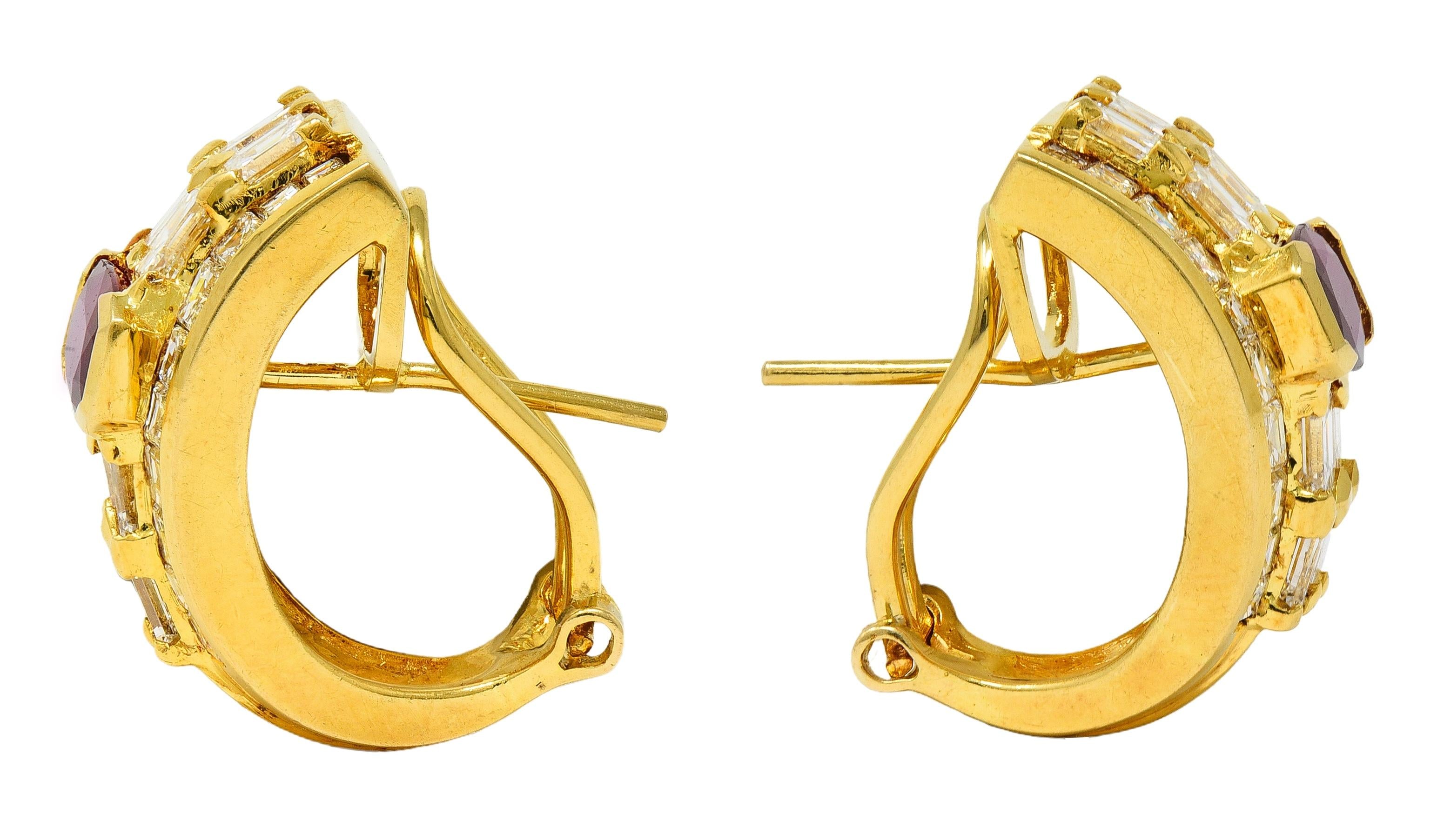 Contemporary 7.25 CTW  Ruby Diamond 18 Karat Yellow Gold J-Hoop Earrings