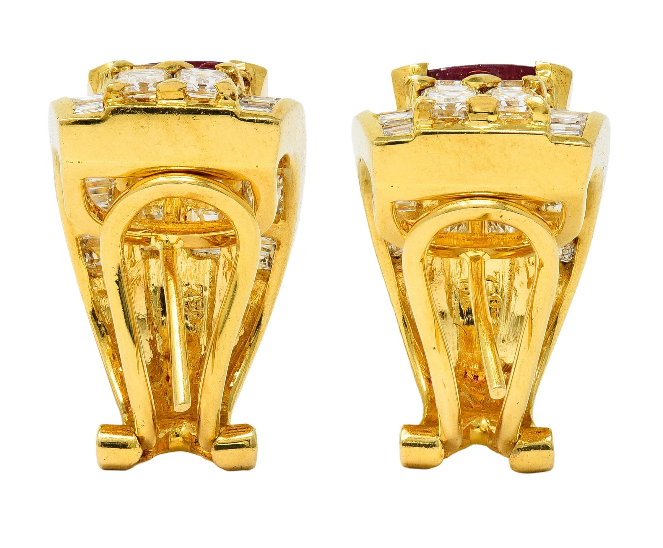 Contemporary 7.25 CTW  Ruby Diamond 18 Karat Yellow Gold J-Hoop Earrings