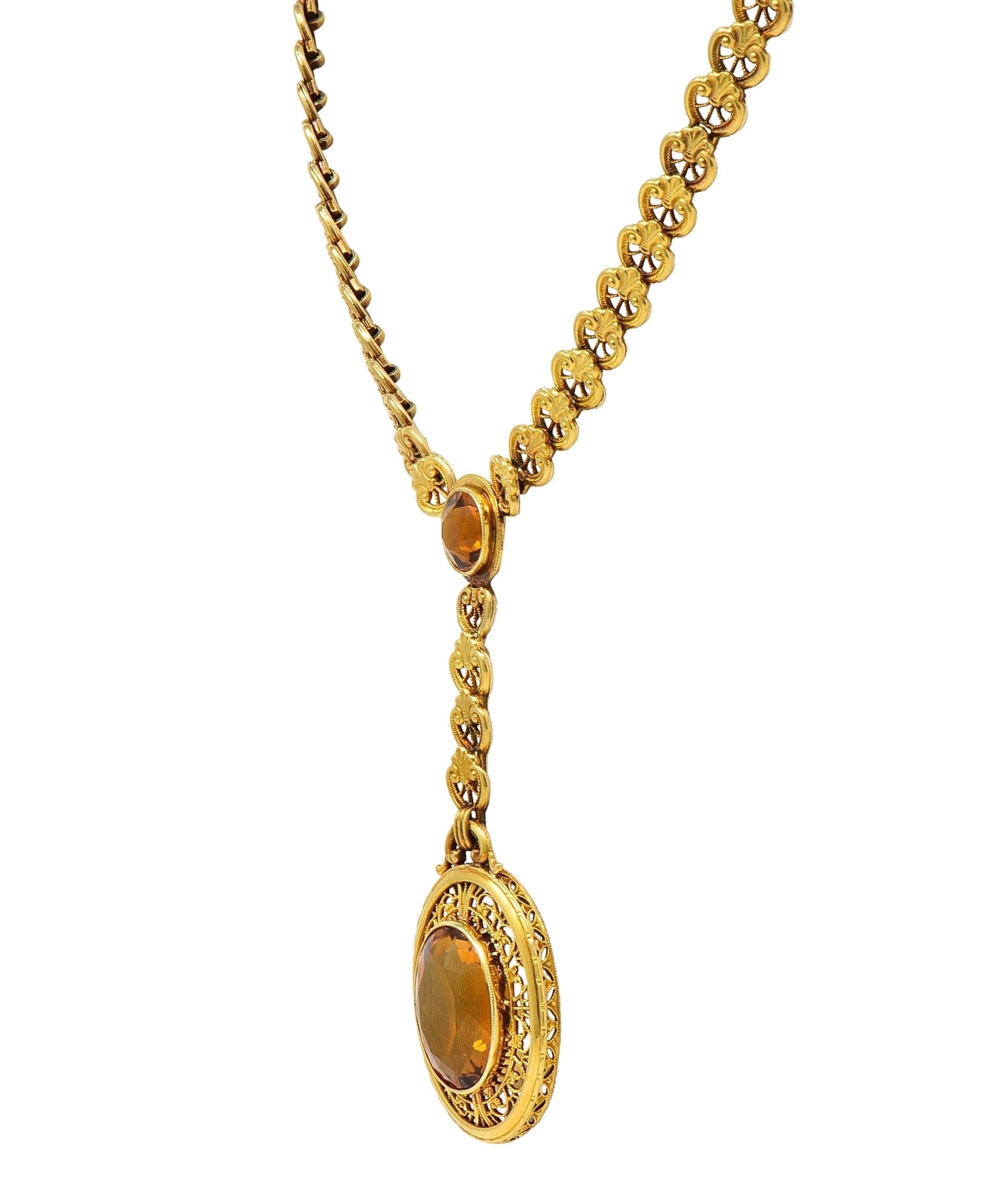 Art Deco Bippart & Co. Citrine 14 Karat Yellow Gold Antique Lotus Drop Necklace