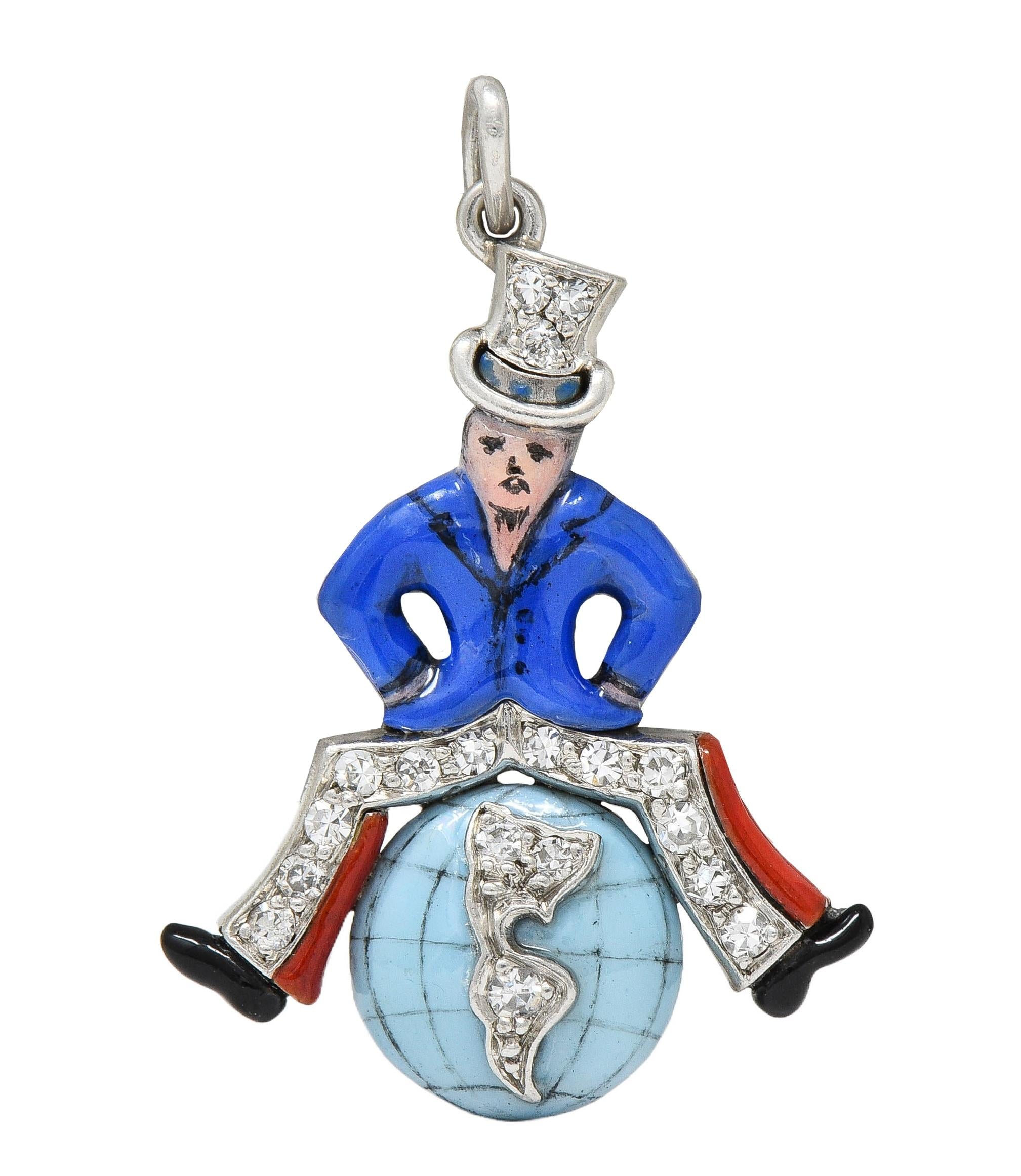 Art Deco Diamond Enamel Platinum Uncle Sam Vintage Globe Charm