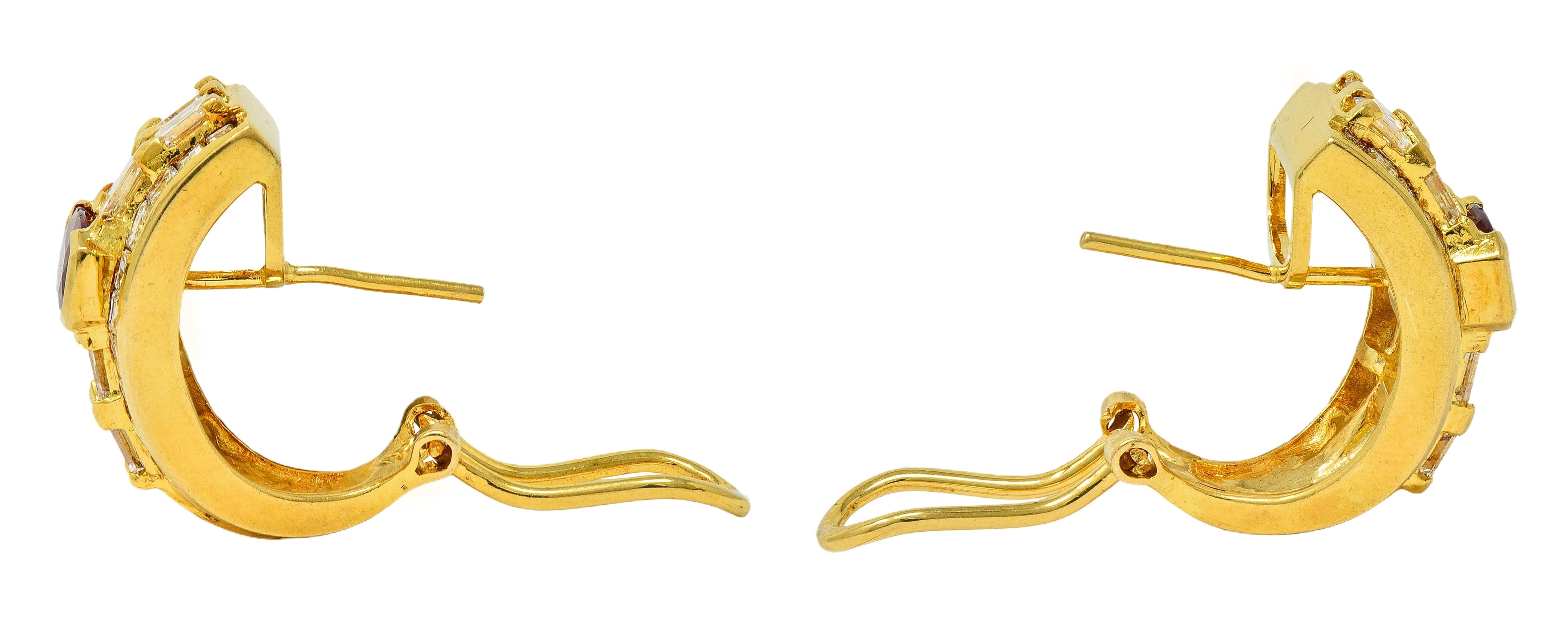 Contemporary 7.25 CTW  Ruby Diamond 18 Karat Yellow Gold J-Hoop Earrings