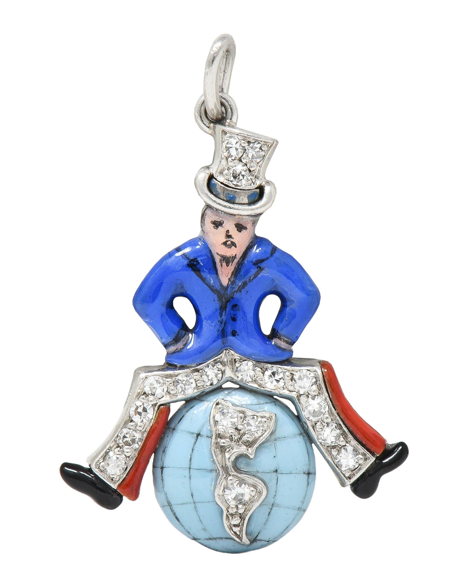 Art Deco Diamond Enamel Platinum Uncle Sam Vintage Globe Charm